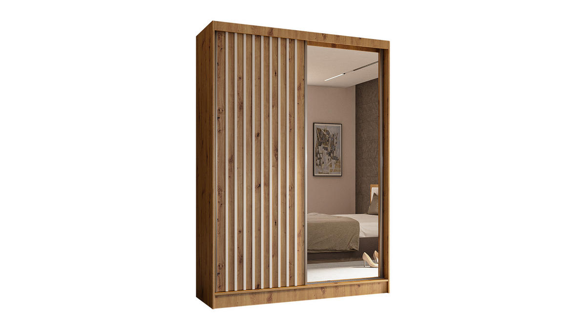 KLEIDERSCHRANK mit Spiegel-Schiebetüren und Aluminium-Leisten - LAMELO - 150 cm Artisan+Artisan+Weiß - Eiche Artisan/Weiß, Holzwerkstoff (150/216/61cm) - ALTDECOR