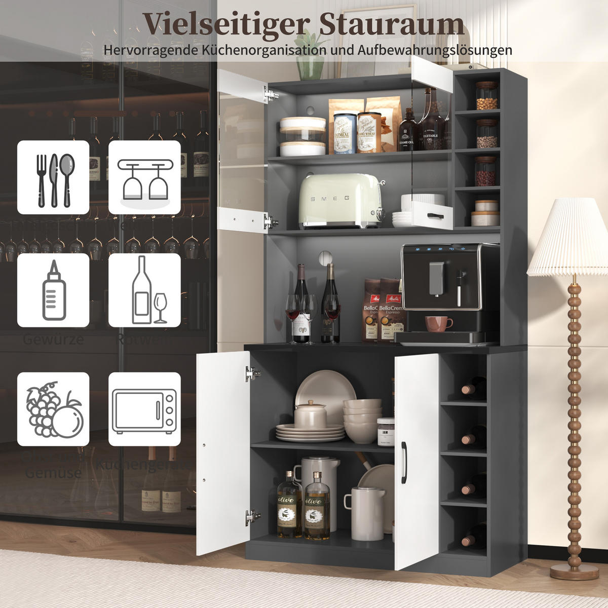 BUFFET 100/47/187 cm grau/weiß aus MDF mit LED-Beleuchtung - Weiß, Holzwerkstoff (100/187/47cm) - OKWISH