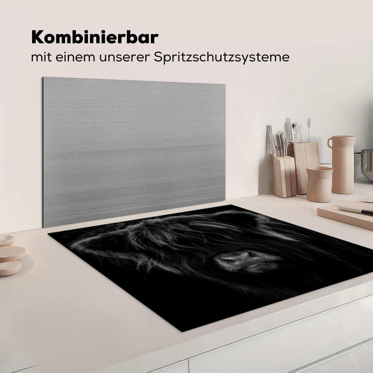 HERDABDECKPLATTE Schottischer Highlander - Kuh - Schwarz - Weiß - Tiere Induktionsmatte 78x78 cm - Schwarz, Kunststoff (78/78/0.2cm) - MuchoWow