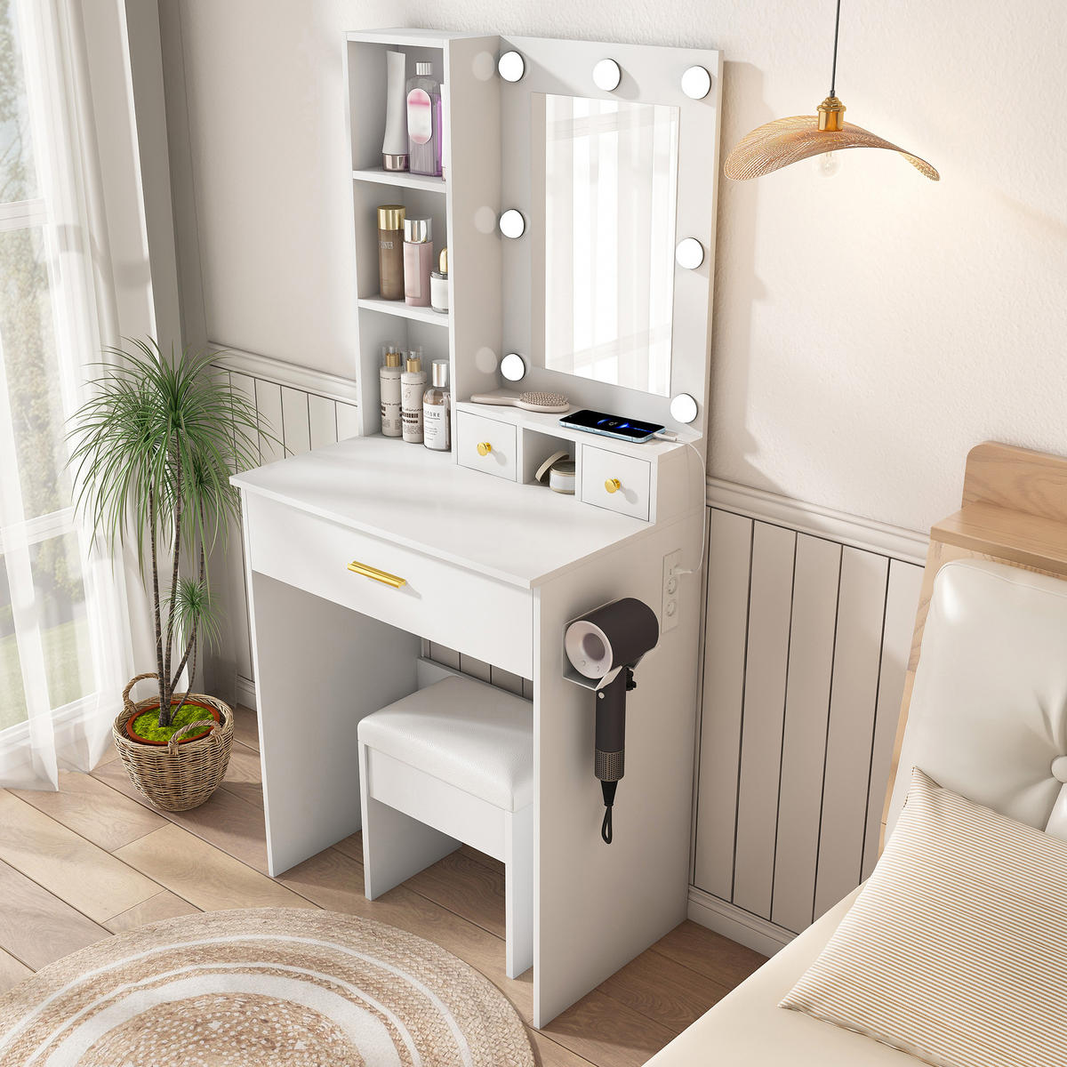 SCHMINKTISCH in Weiß Frisiertisch mit Hocker, Spiegel, LED und Steckdose, für kleine Schlafzimmer, B60/H131.5/T38cm - Weiß, Holzwerkstoff (60/131.5/38cm) - STILVORA