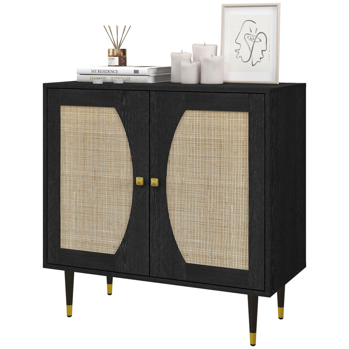 SIDEBOARD DE-11084 Boho-Design mit 2 Türen & Rattan-Front Schwarz - Schwarz, Holzwerkstoff (80/79/38cm) - ComfortXL