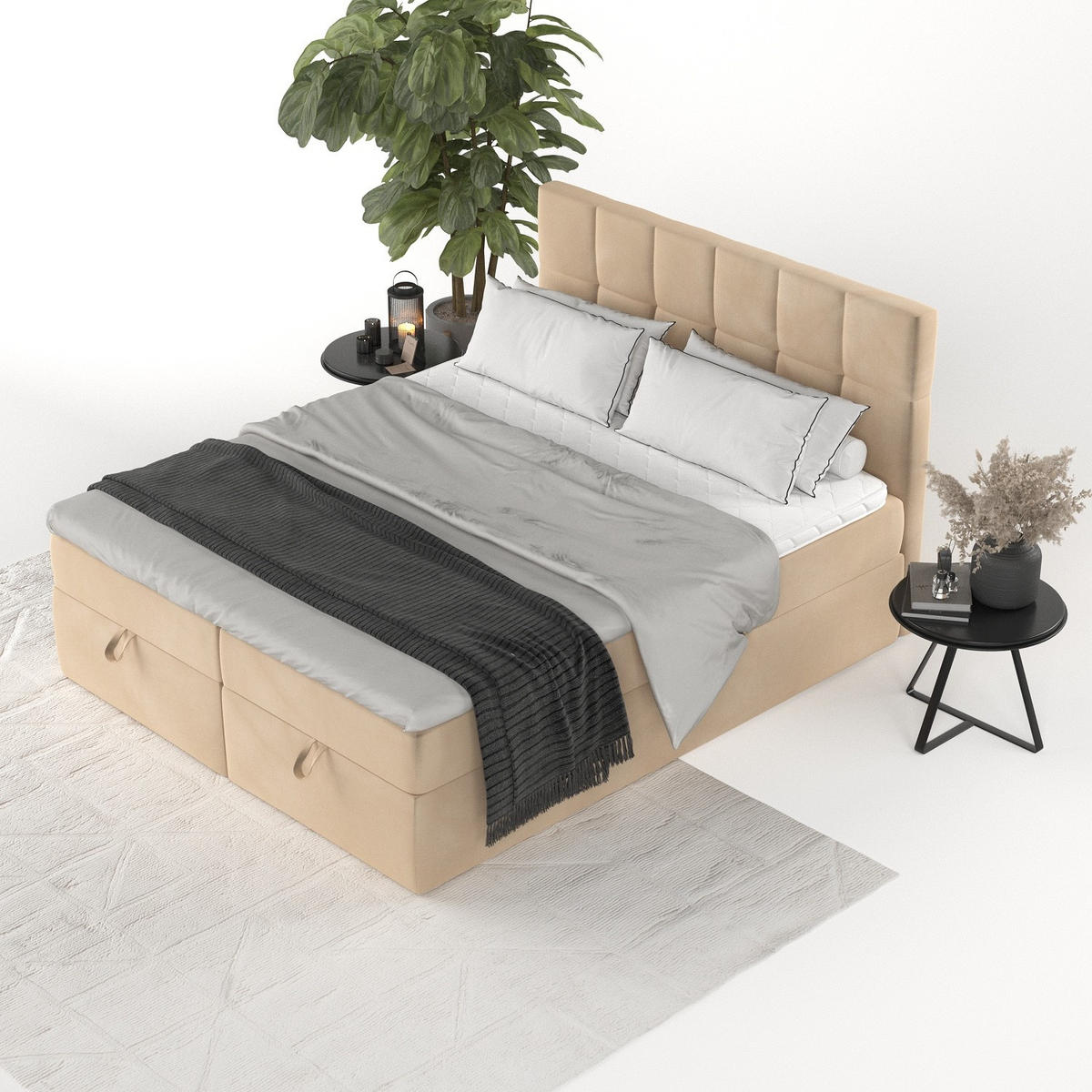 BOXBETT Savio 200/200 cm Beige im Kronos Stoff - Beige/Schwarz, Holz/Holzwerkstoff (200/200cm) - AltaBeds