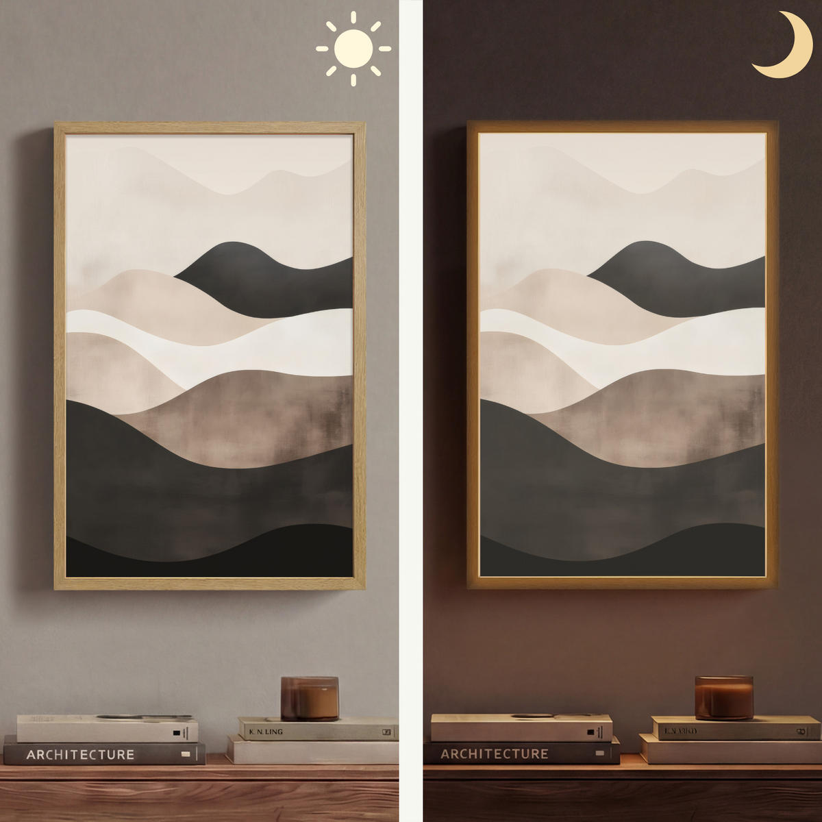 NÁSTĚNNÁ LAMPA S AKUMULÁTOREM Abstraktní - Krajina - Vlny - Krémová barva 40x60 cm - šedohnědá, kompozitní dřevo (40/60/8cm) - OnlyWow