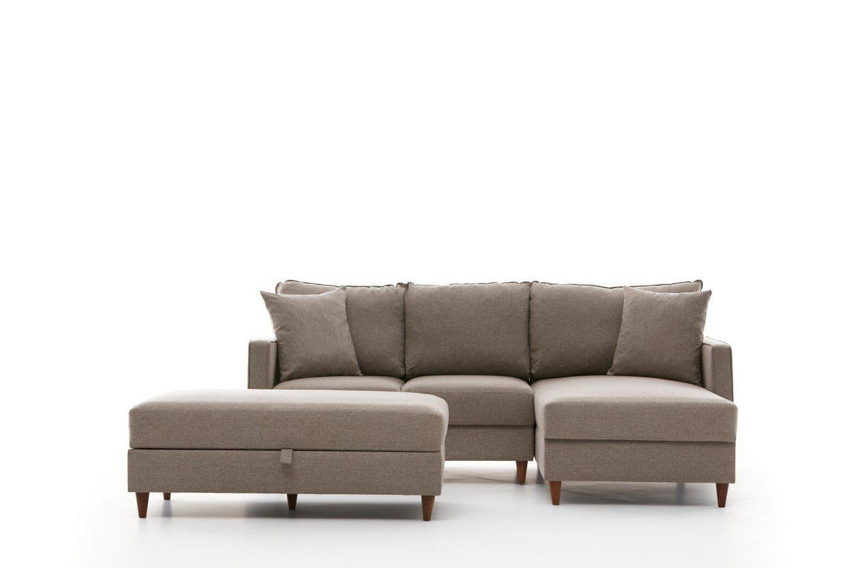 ECKSOFA mit Hocker, Schlaffläche - Beige/Walnussfarben, Holz/Kunststoff (155/210cm) - myHomelando