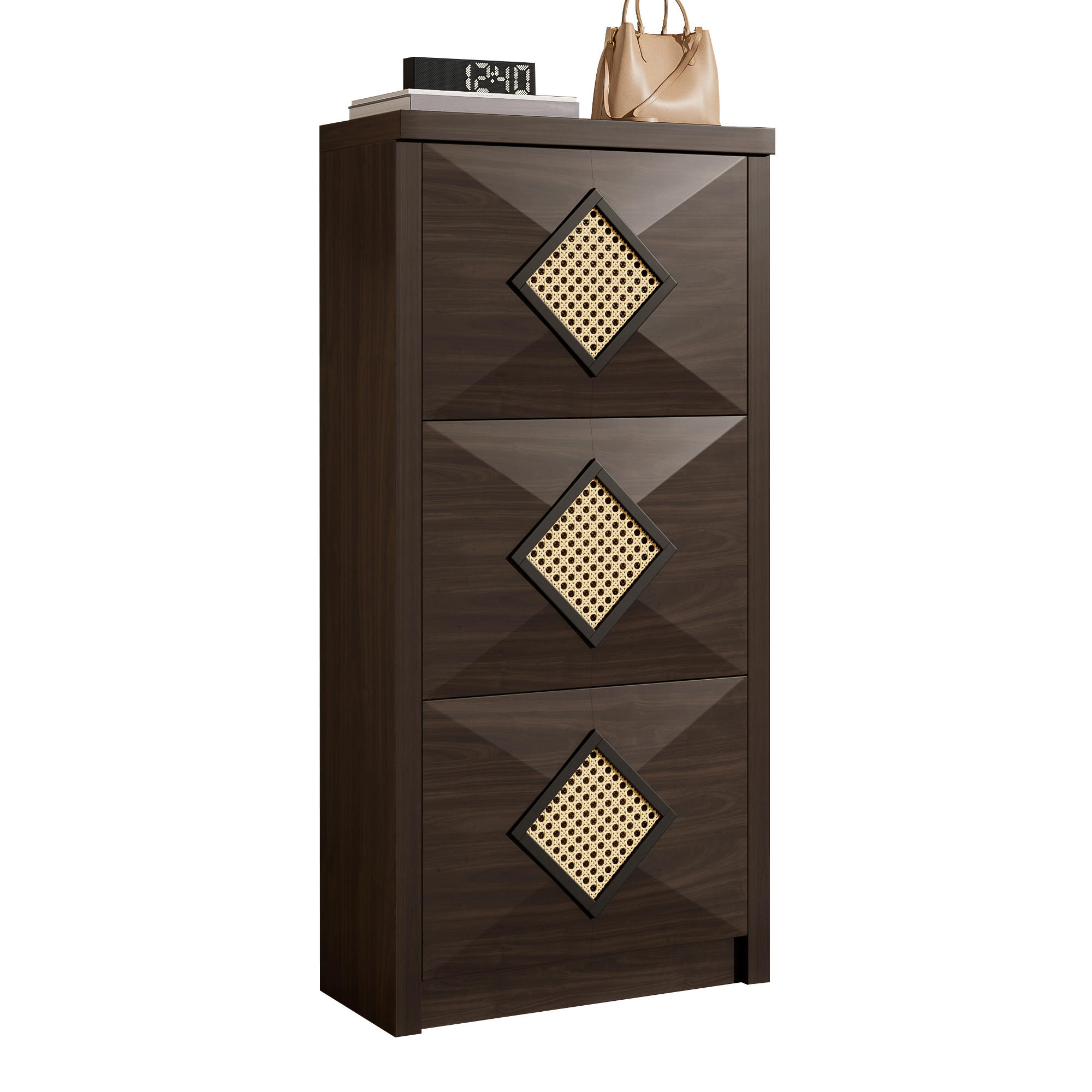 SCHUHSCHRANK 54x25x115 Rattan Dekor 3 Klappfächer Holzoptik - Naturfarben, Holzwerkstoff (25/115/54cm) - FLIEKS