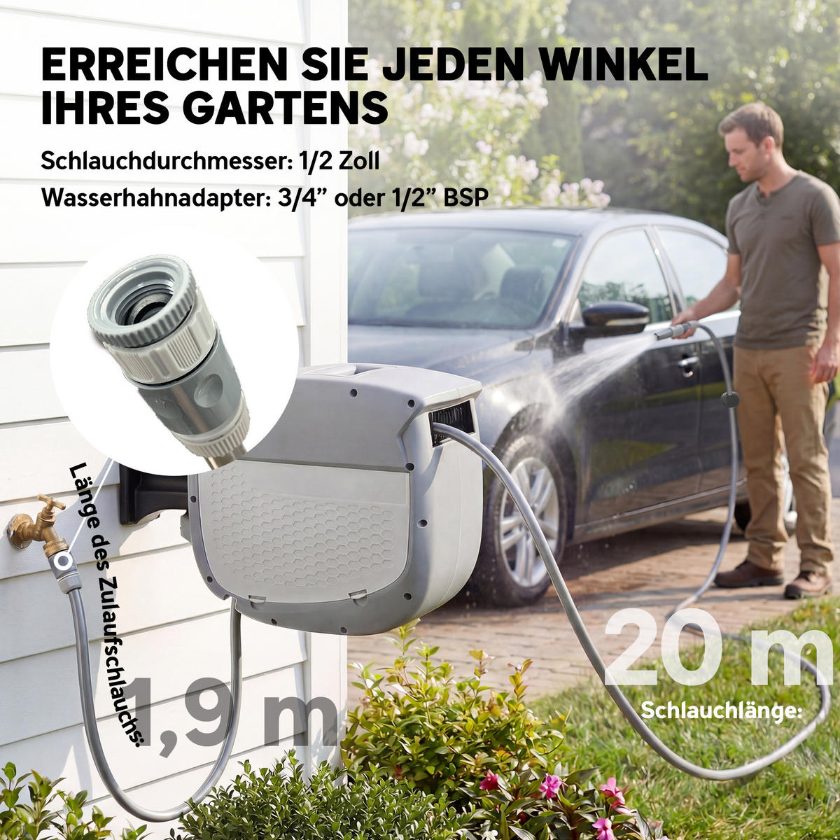 SCHLAUCHAUFROLLER 180° schwenkbar Kunststoff Grau - Grau, Kunststoff (22/35/52cm) - Outsunny