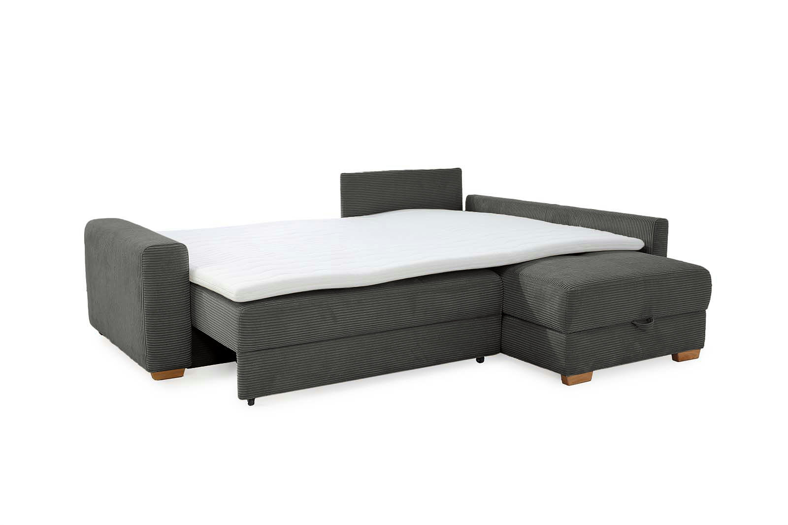 ECKSOFA-DAUERSCHLÄFER Boxspring Federkern Topper Bettkasten, seitenverkehrt montierbar B257/T206/H85 cm, Cord Grau Anthrazit / 15211 - Schieferfarben/Eichefarben, Holz/Textil (257/206cm) - luma-home