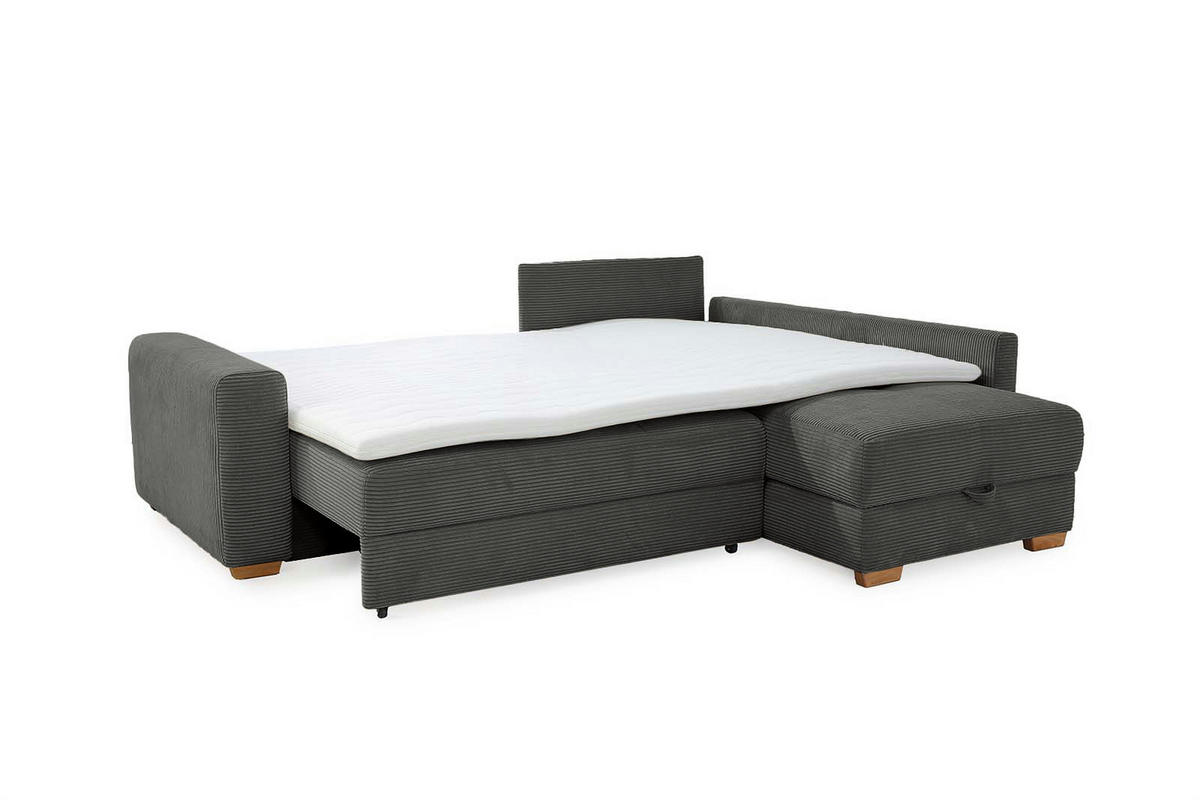 ECKSOFA-DAUERSCHLÄFER Boxspring Federkern Topper Bettkasten, seitenverkehrt montierbar B257/T206/H85 cm, Cord Grau Anthrazit / 15211 - Schieferfarben/Eichefarben, Holz/Textil (257/206cm) - luma-home