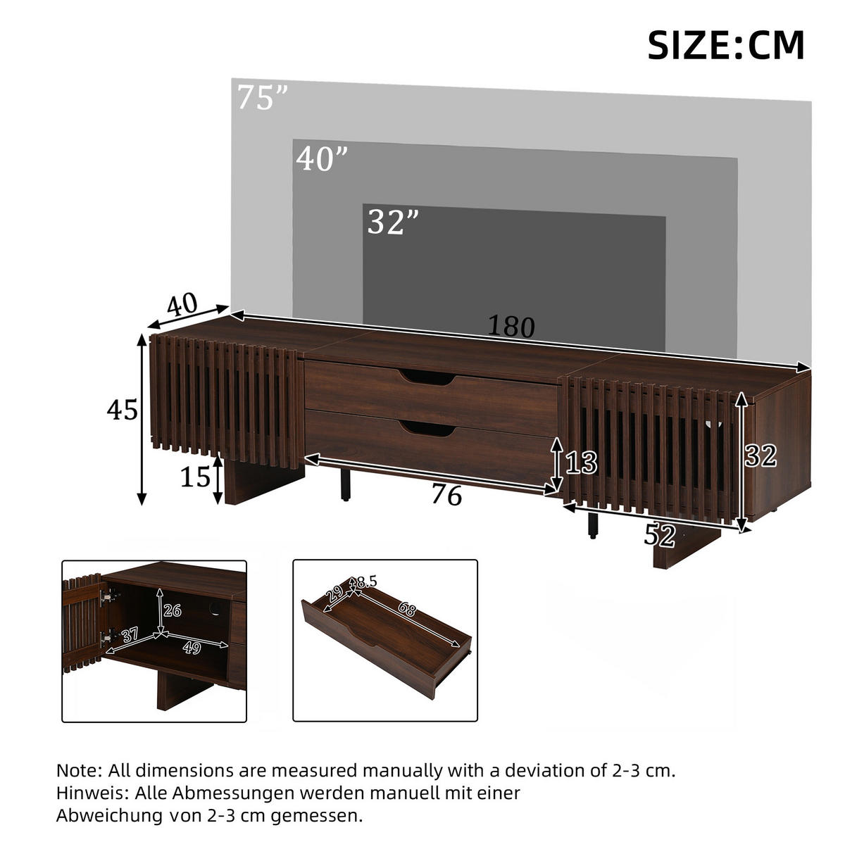 LOWBOARD 180/40/45 cm aus MDF mit 2 Schubladen und Lamellentüren Dunkle Walnuss - Braun, Holzwerkstoff (180/45/40cm) - Modenvie