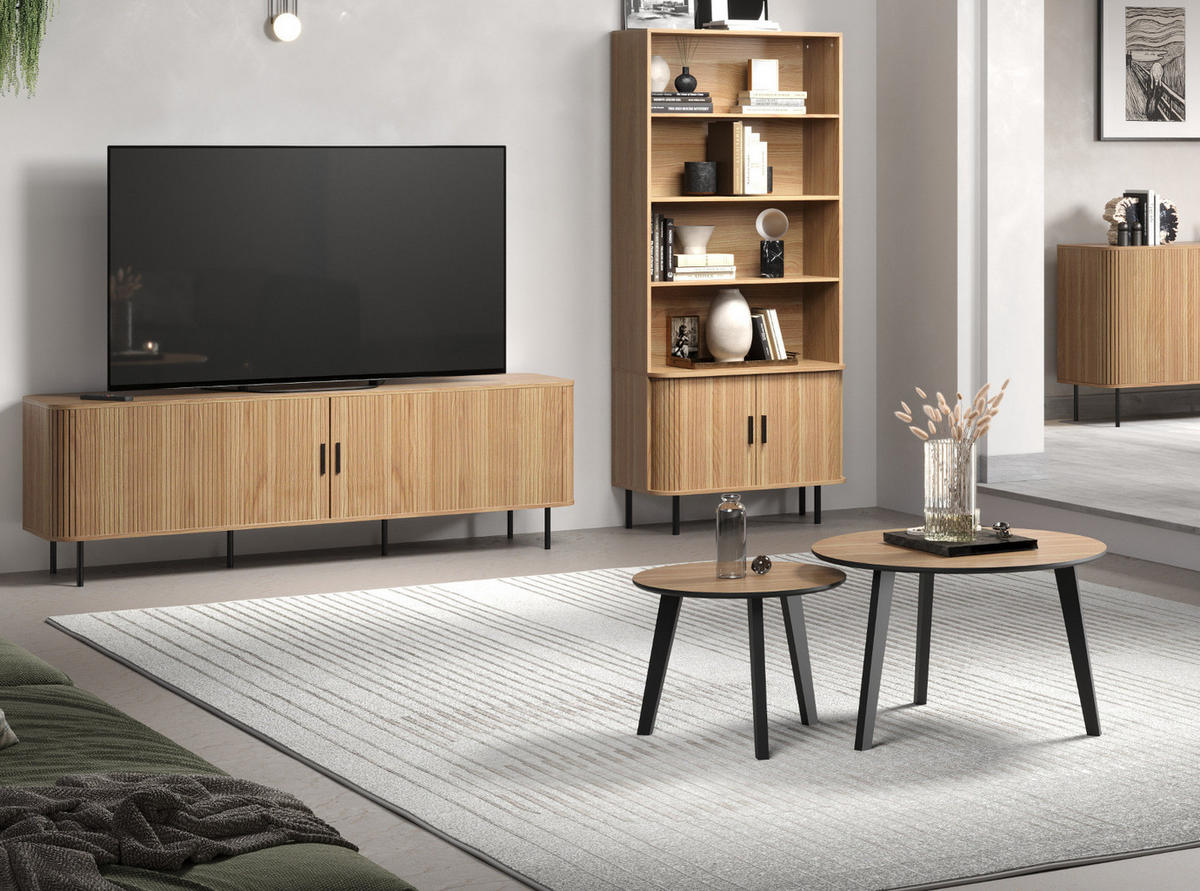 COUCHTISCH 2er Set Eiche, schwarz 2x Beistelltisch rund - Eichefarben/Schwarz, Holzwerkstoff (50/50/39cm) - Top.Furn