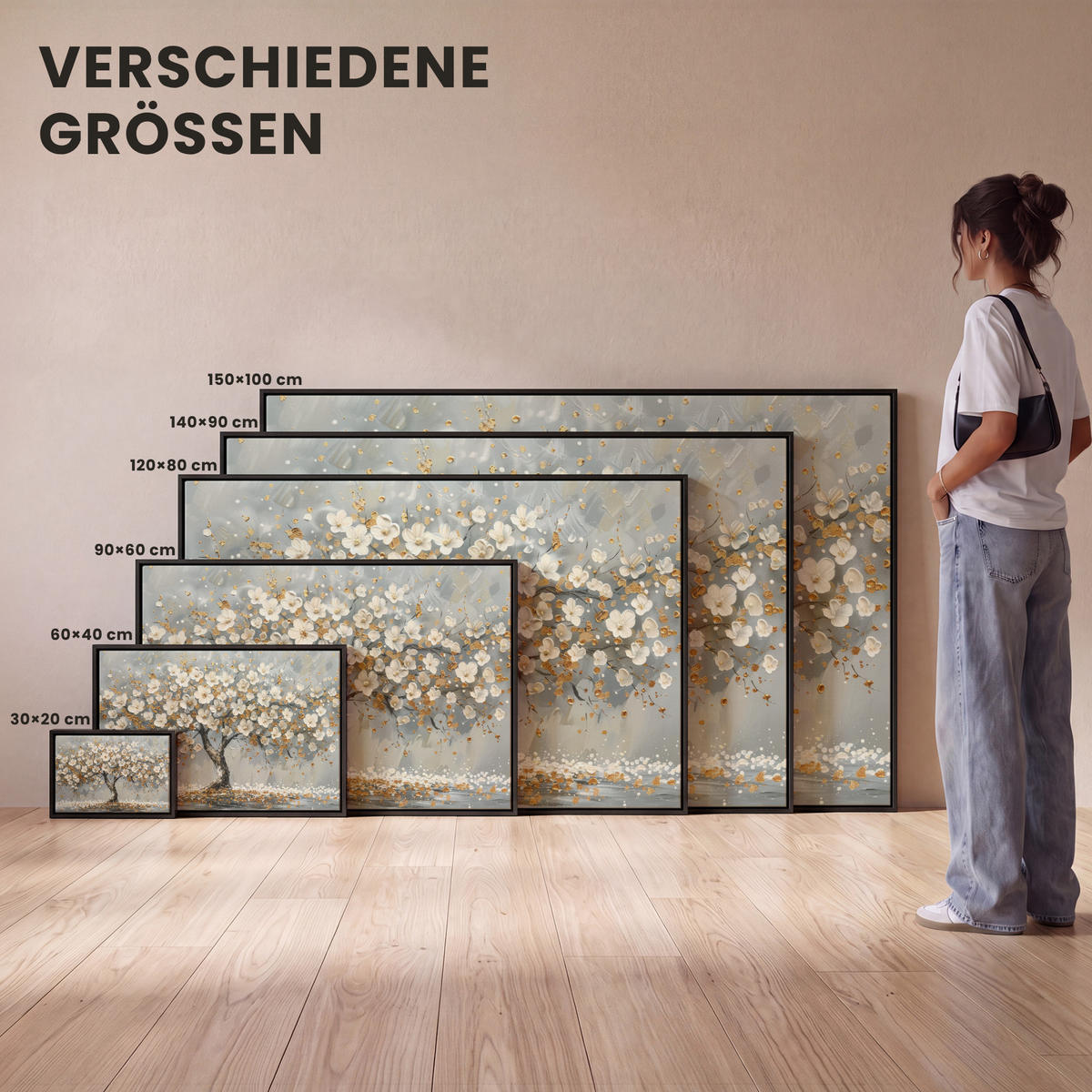 LEINWAND Bilder mit Rahmen - Baum - Blumen - Weiß - Natur - Kunst - 150x100 - Weiß, Textil (150/100cm) - MuchoWow