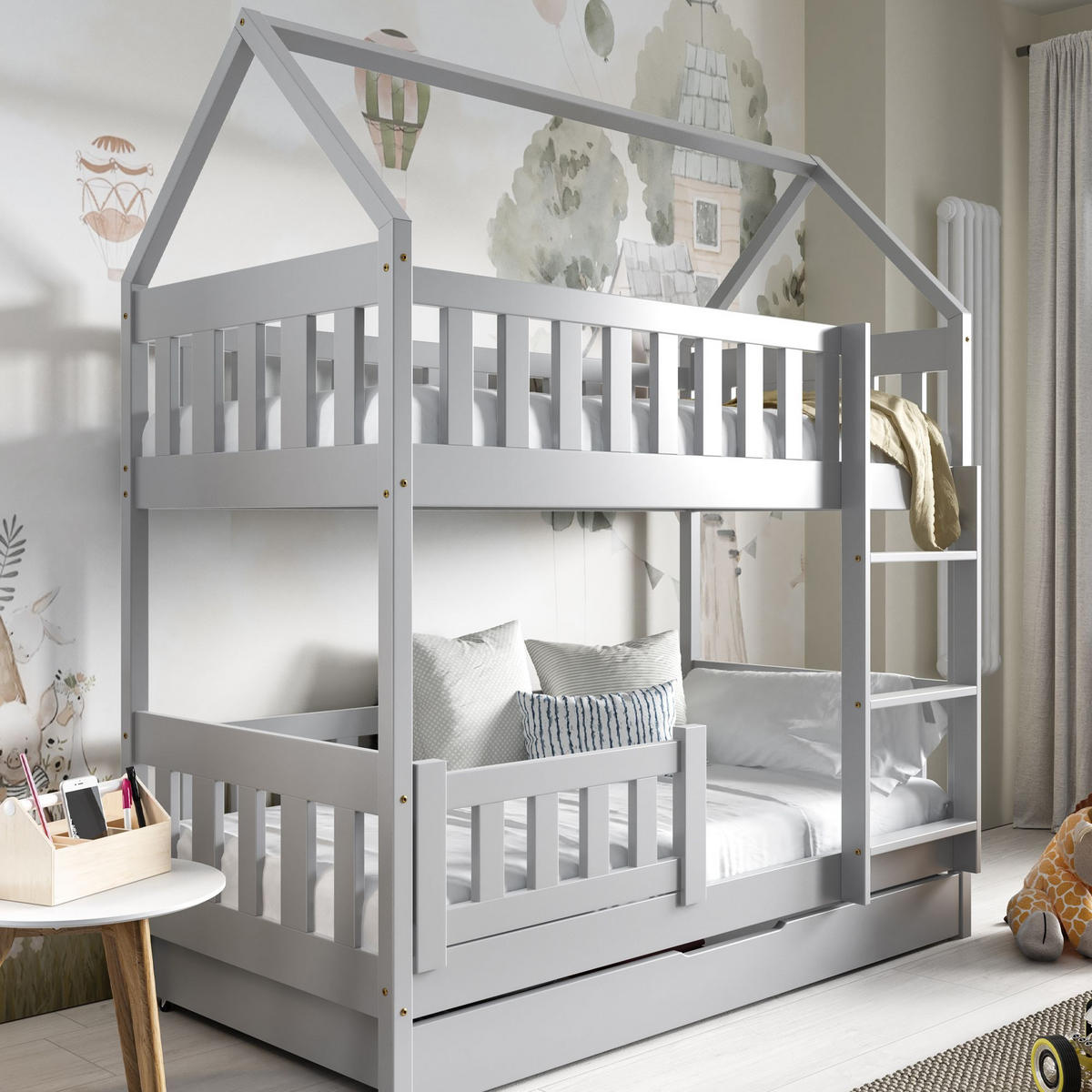 ETAGENBETT Holzbett LUMBE, Hausform - Grau, Holz (80/190cm) - KONSIMO®