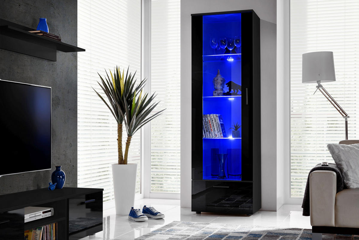 VITRINE ALESSANDRIA, Schwarz, LED Blau - Schwarz, Glas/Holzwerkstoff (60/192/42cm) - Komodee