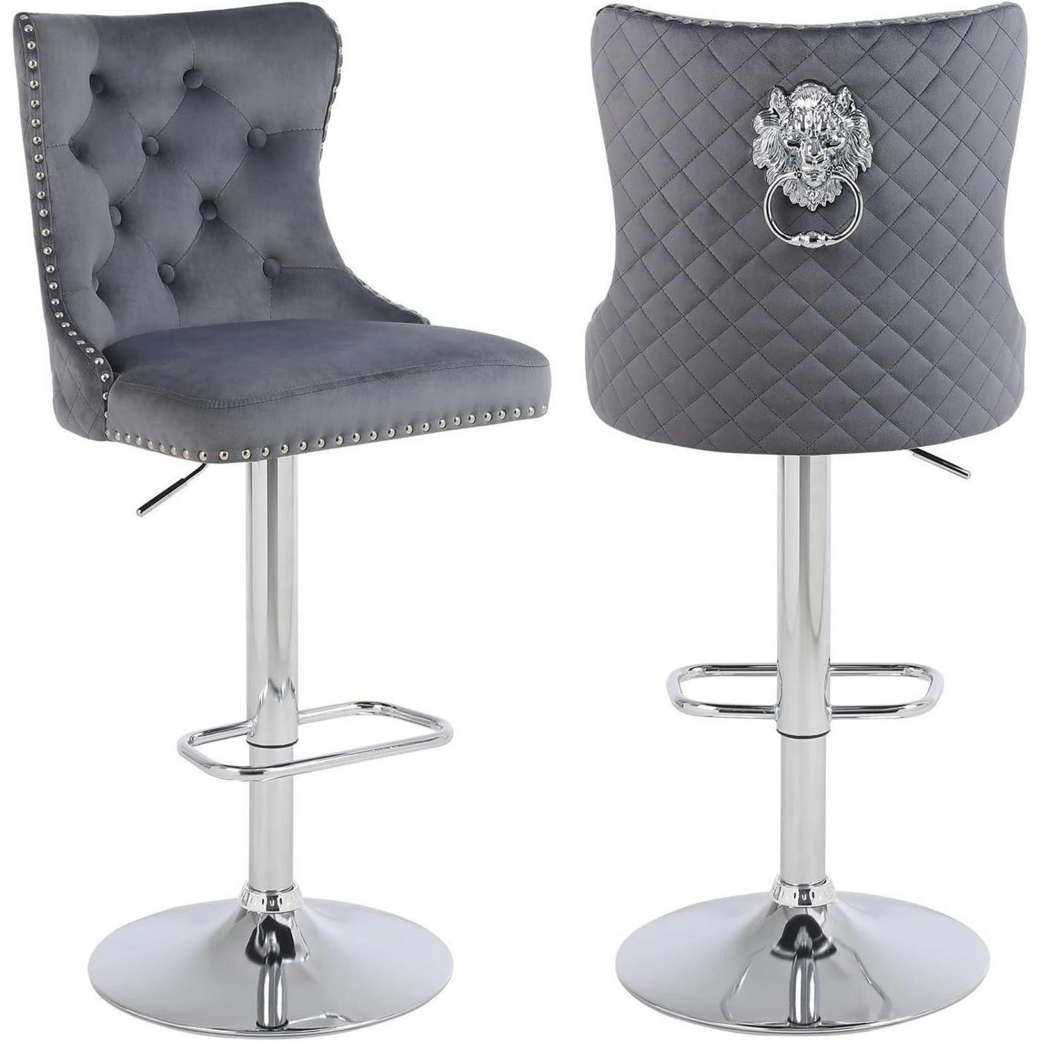 BARHOCKER 2er Set Samt Dunkelgrau Höhenverstellbar mit Lehne und Löwenring-Zuggriff - Grau, Textil (40/118/46cm)