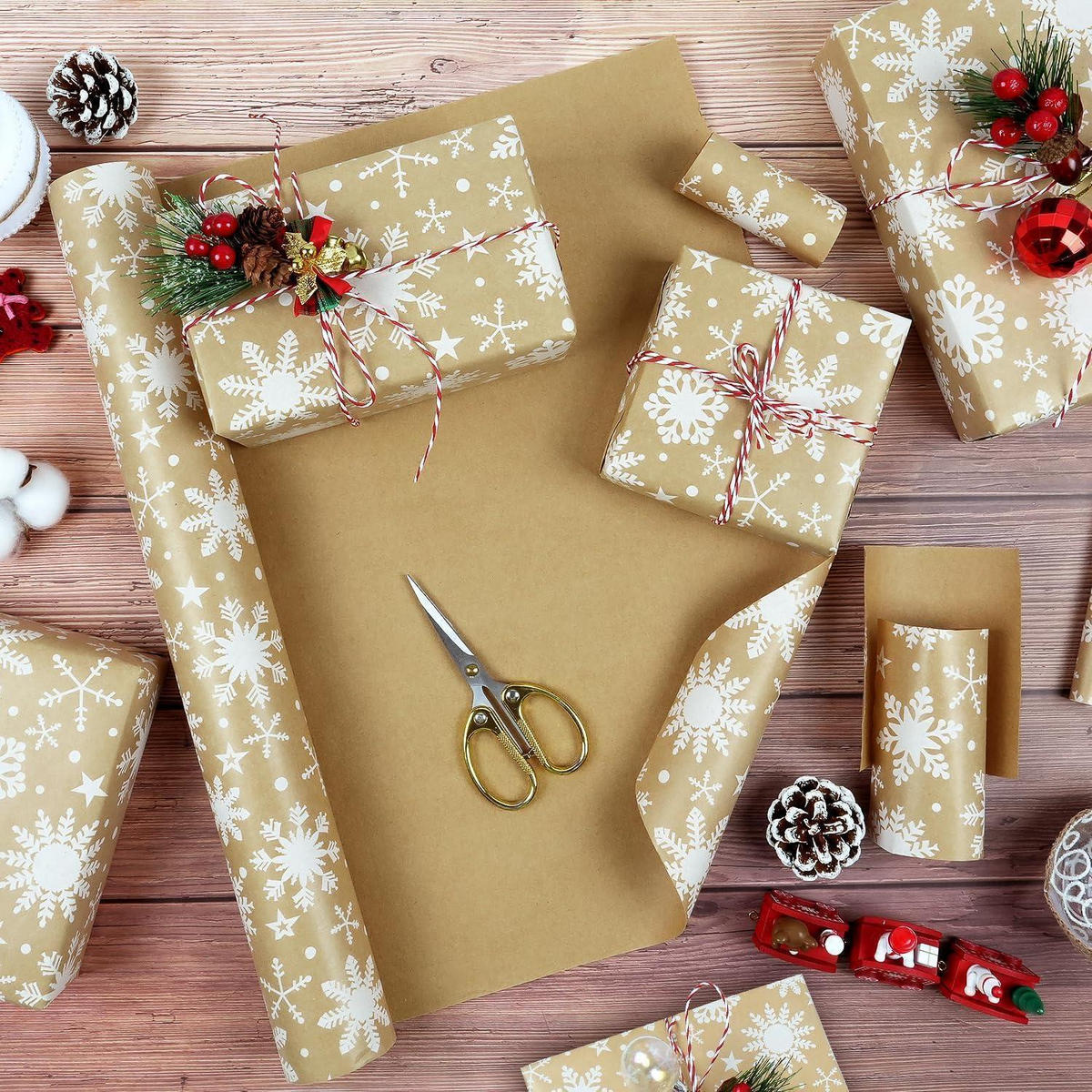 GESCHENKPAPIER Rolle 43 cm x 15 m Schneeflockenmuster Kraftpapier - Braun, Papier (43/0.1/1500cm)