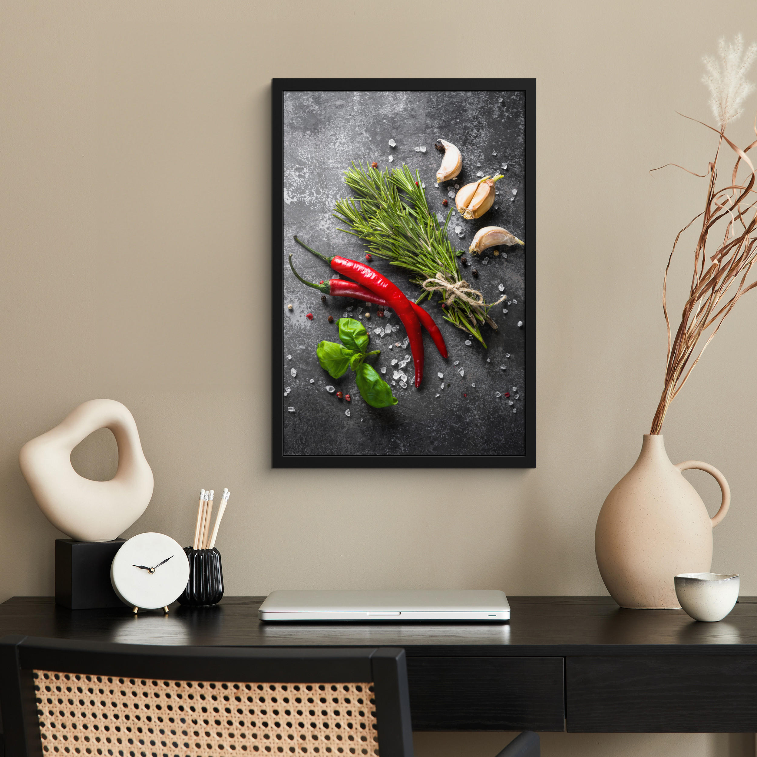 GERAHMTES BILD Pfeffer - Kräuter - Gewürze - Beton 40x60 cm - Dunkelgrau, Papier (40/60cm) - MuchoWow