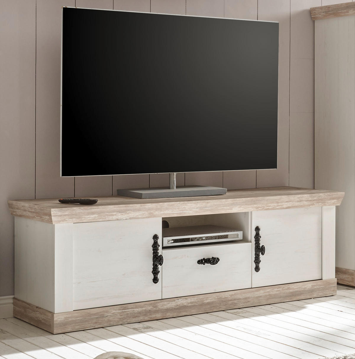 TV-LOWBOARD Pinie weiß, Oslo Pinie Landhaus, TV-Unterteil, 156 x 51 cm - Anthrazit/Weiß, Holzwerkstoff/Metall (156/51/44cm) - Furn.Design