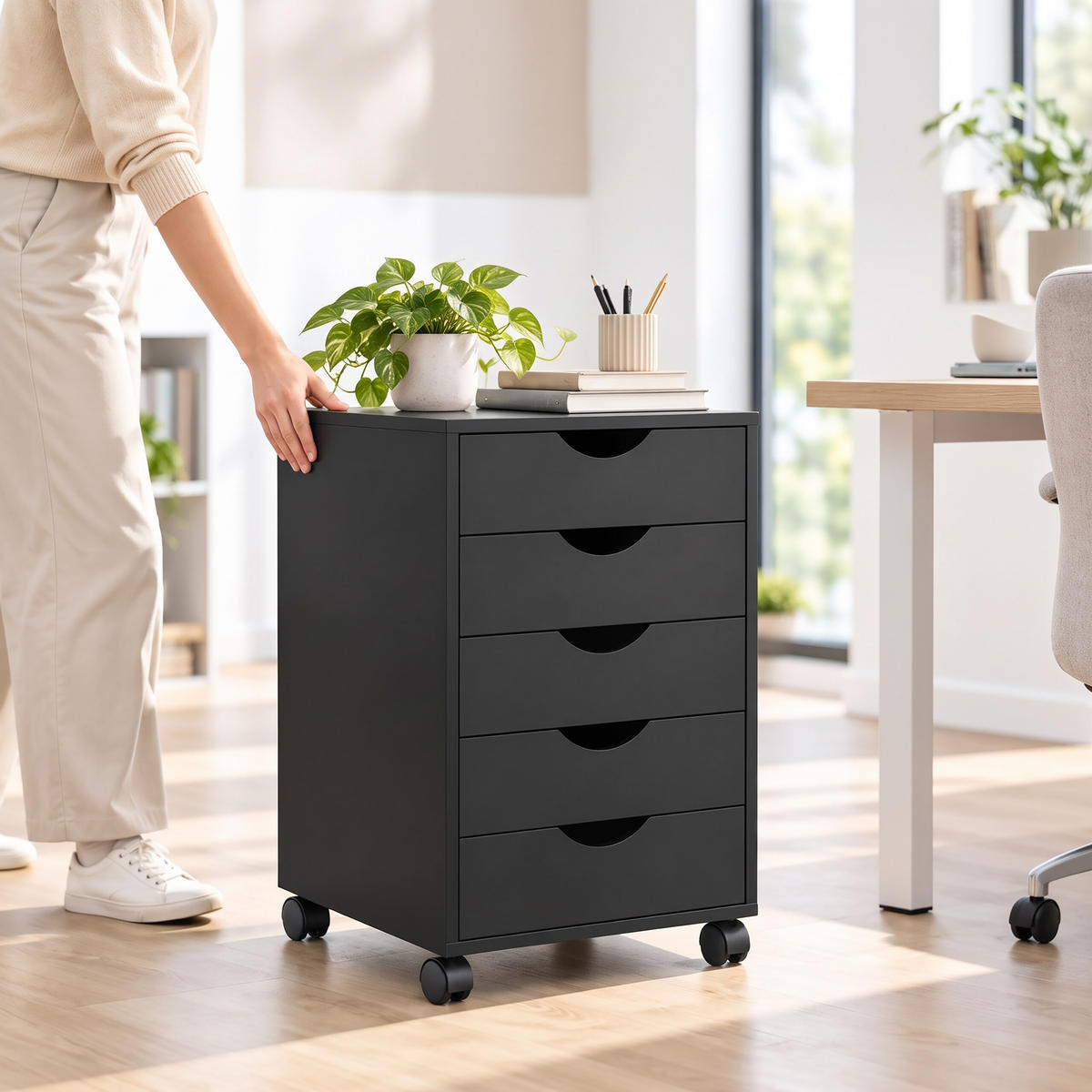 ROLLCONTAINER Schwarz 5 Schubladen auf Rollen 69 cm - Schwarz, Holzwerkstoff/Kunststoff (45/69/40cm) - Relaxdays