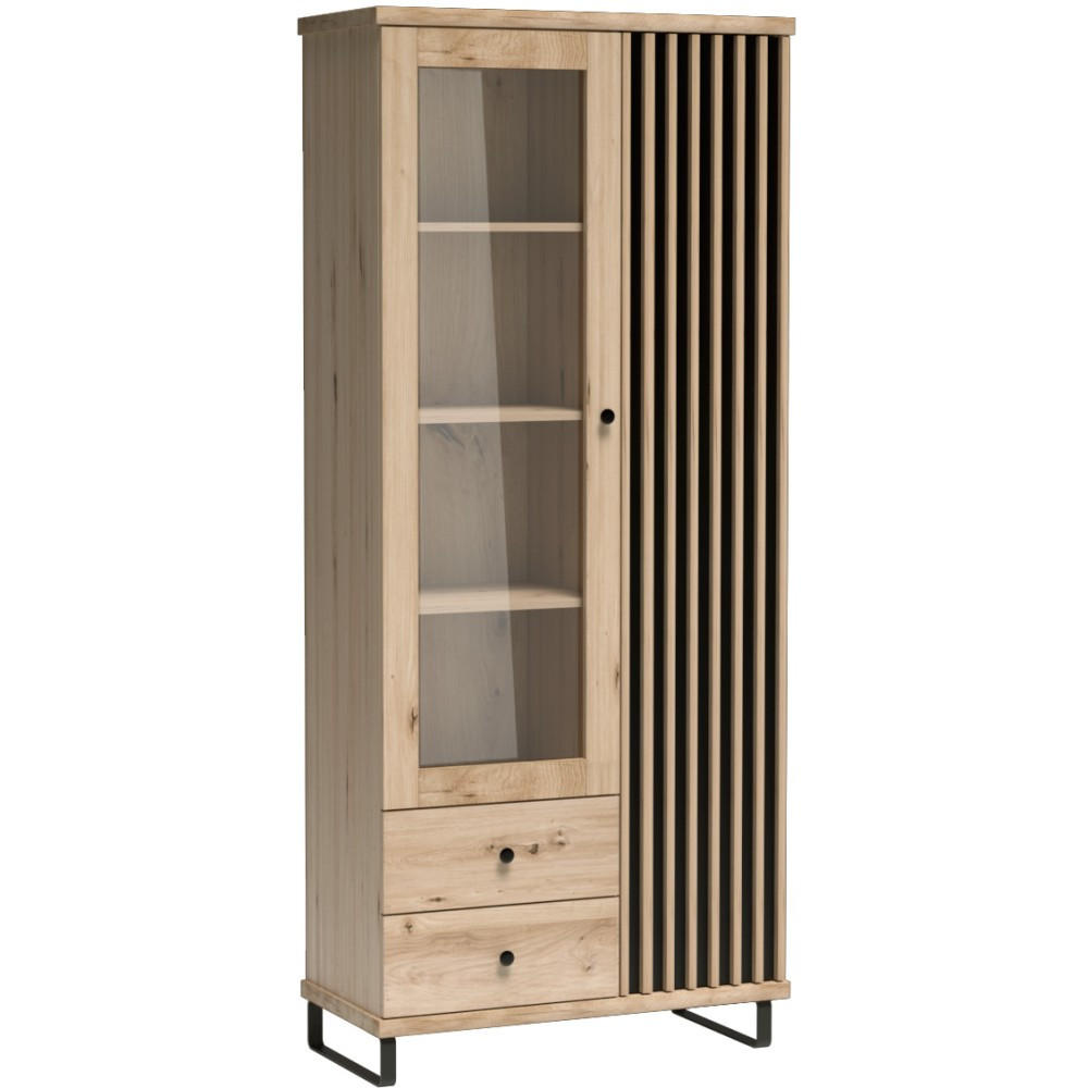 VITRINE Caya mit zwei Türen, zwei Schubladen und Metallbeinen - Schwarz/Eiche Artisan, Holzwerkstoff/Metall (86/201/41cm) - Beautysofa