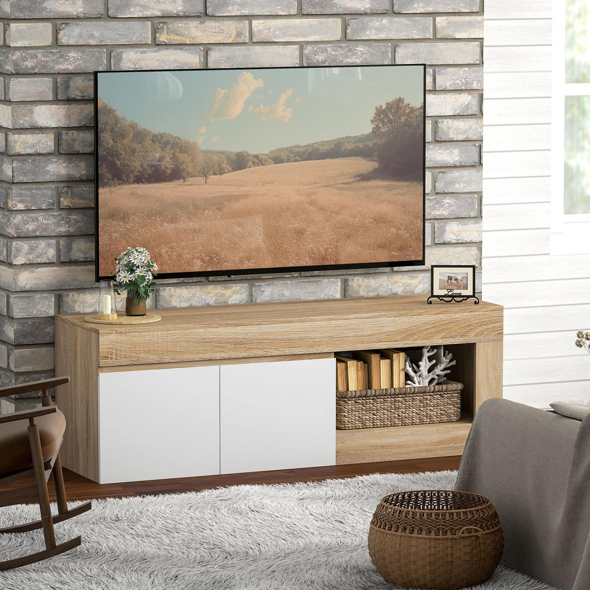LOWBOARD Weiß/Natur 140/40/48 cm, 2 Türen, Soft-Close-Scharniere - Naturfarben, Holzwerkstoff (140/48/40cm) - PANGIVO
