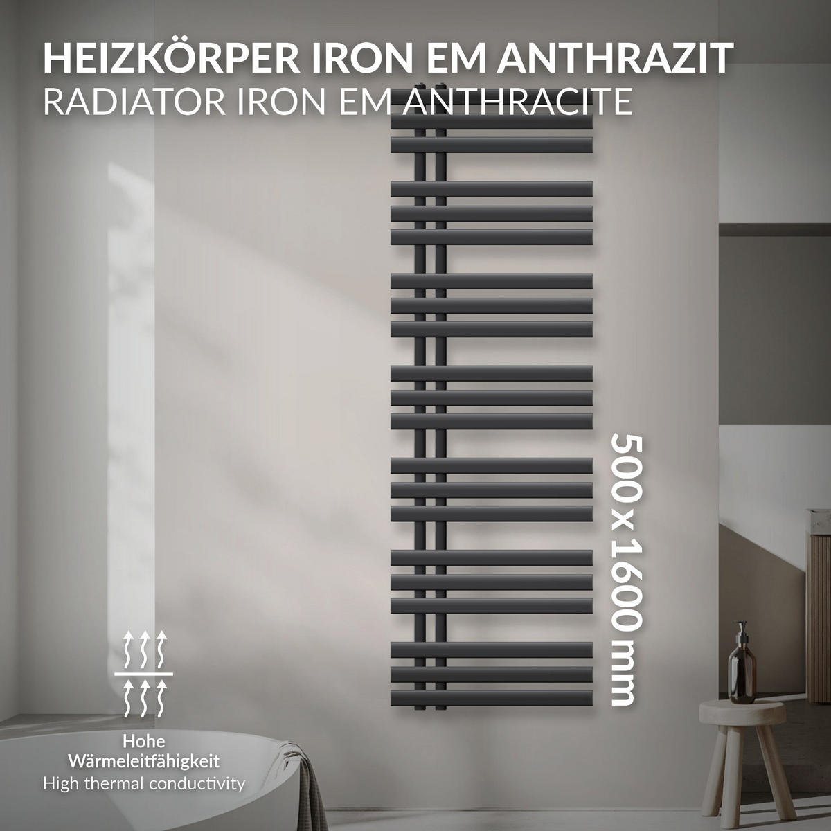KOUPELNOVÝ radiátor Iron EM 500x1600 antracit - antracitová, kov (50/160/3cm) - LuxeBath