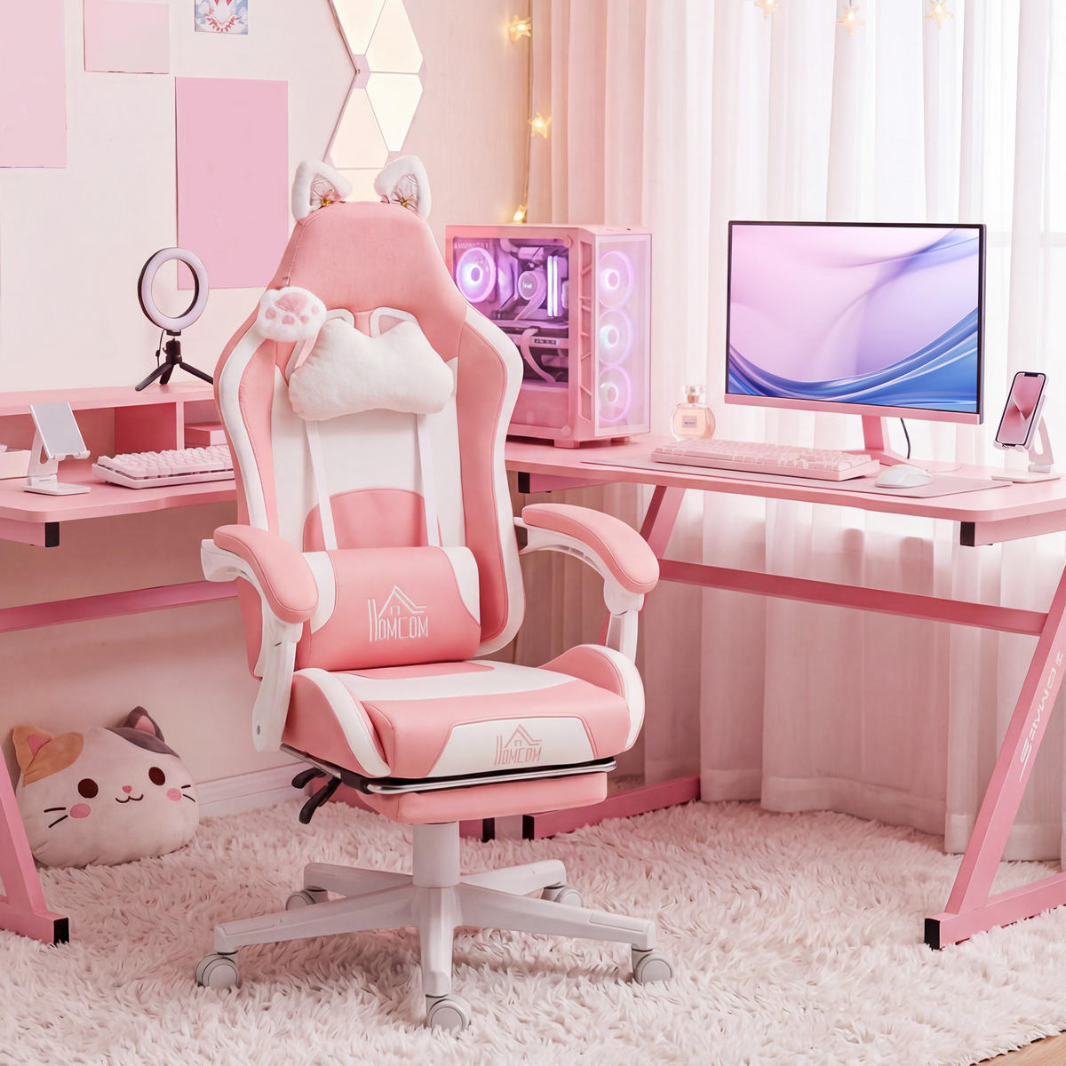 GAMING-SESSEL mit Katzenohren, neigbare Lehne, ausziehbare Fußstütze, bis 120 kg, Rosa/Weiß - Rosa, Leder (62/124/65cm)
