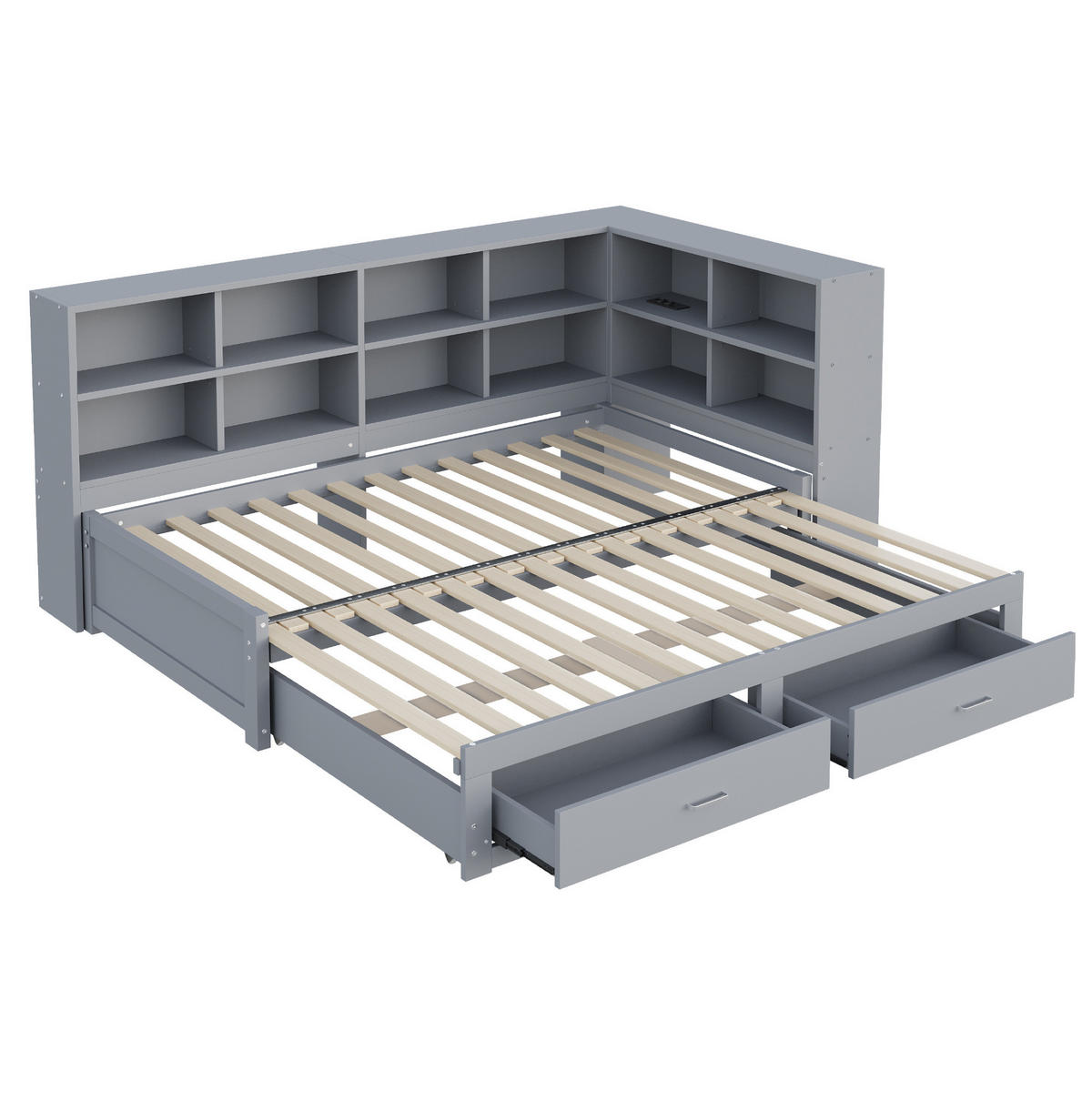 MULTIFUNKTIONSBETT aus Kiefernholz 90/180x190 cm Grau mit Ausziehbett, Stauraum und Steckdose - Grau, Holzwerkstoff (90/190cm) - IVMEU