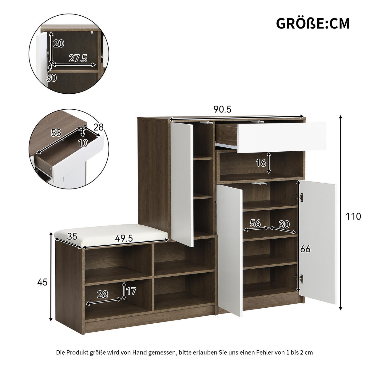 SCHUHSCHRANK 140/35/110 cm mit gepolsterter Sitzbank, verstellbaren Einlegeböden und grifflosen Türen, Weiß - Weiß, Holzwerkstoff (140/110/35cm) - Redom