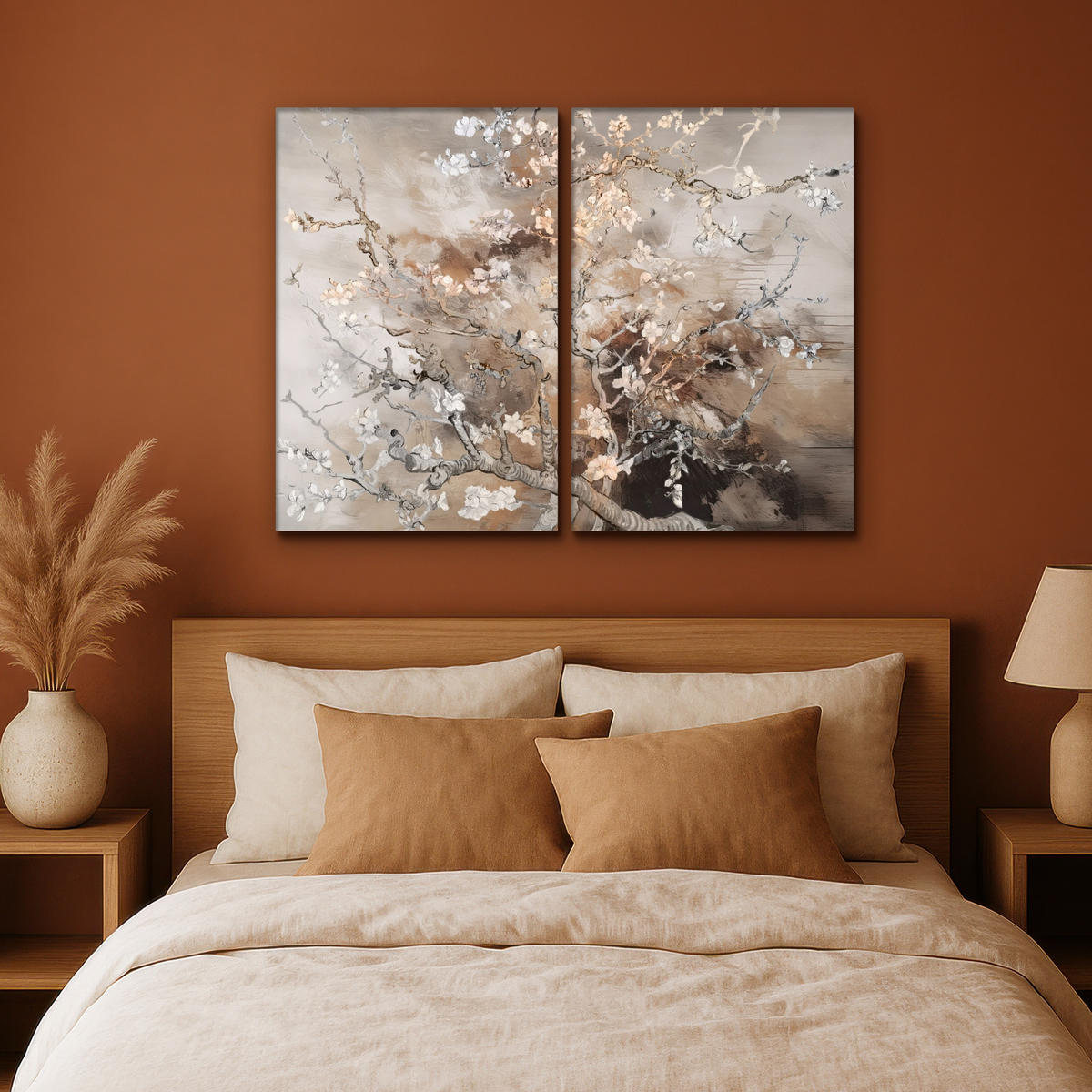 LEINWANDBILD 2er Set Mandelblüte - Abstrakt - Beige 120x90 cm - Beige, Textil (120/90cm) - MuchoWow