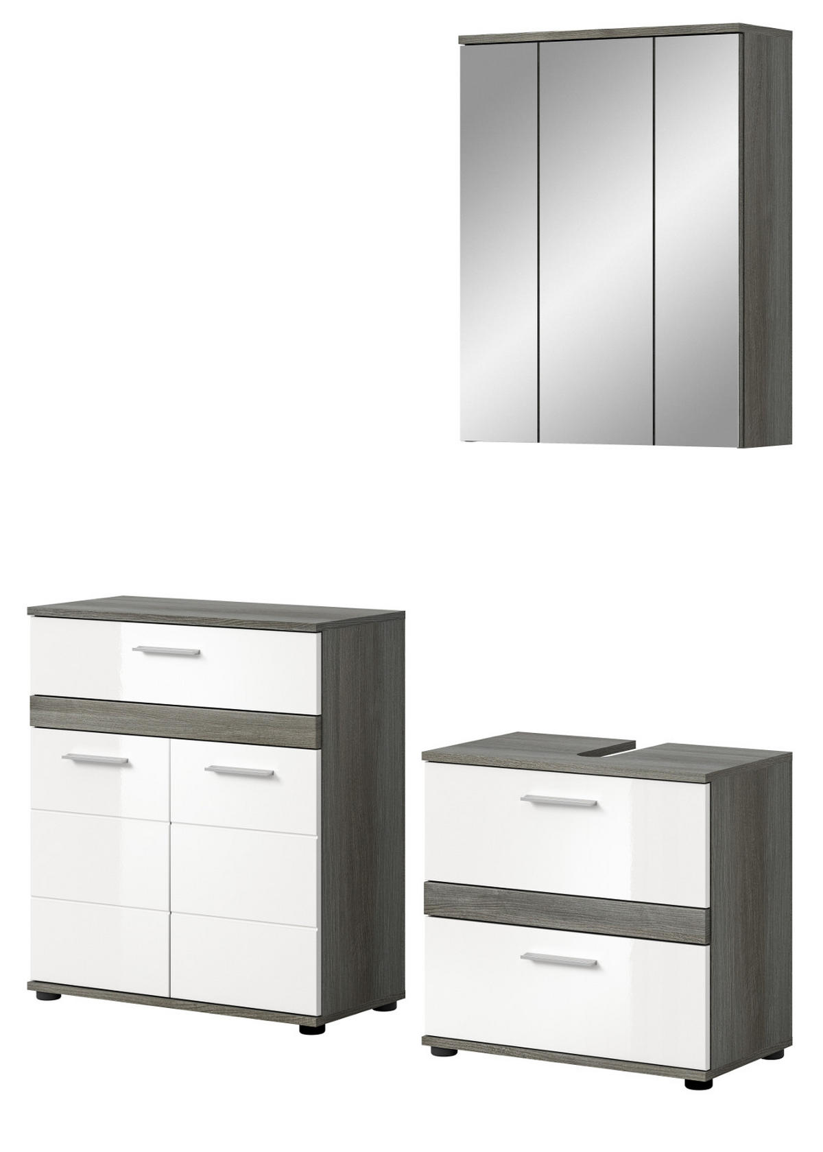 BADMÖBEL-SET 3-teilig weiß Hochglanz, grau 146 cm, Kombination mit viel Stauraum - Weiß Hochglanz/Grau, Holzwerkstoff (146/191/34cm) - Inn.Furn
