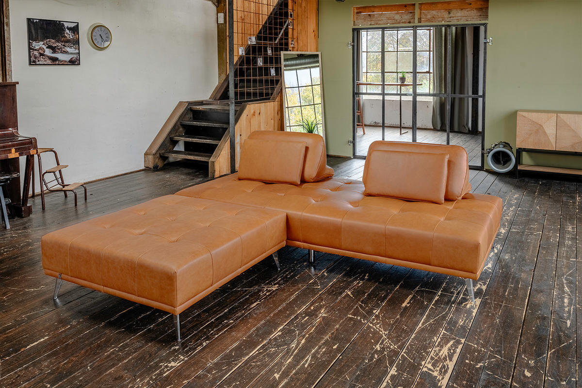 SOFA MIT HOCKER WIOLO 2ER SET Braun Leder - Dunkelbraun/Silberfarben, Leder/Metall (240/83/110cm) - KAWOLA