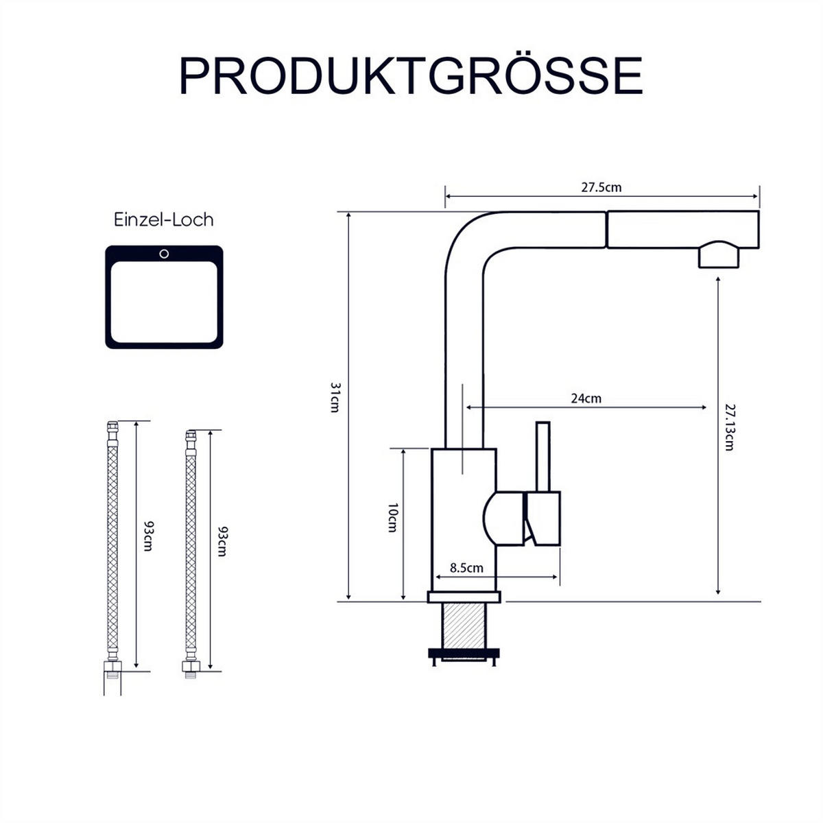 WASCHTISCHARMATUR L-Form ausziehbar Mischbatterie für Kalt - und Warmwasser Edelstahl - Spültischarmatur - Silberfarben, Metall (27.5/31/8.5cm) - DELFA