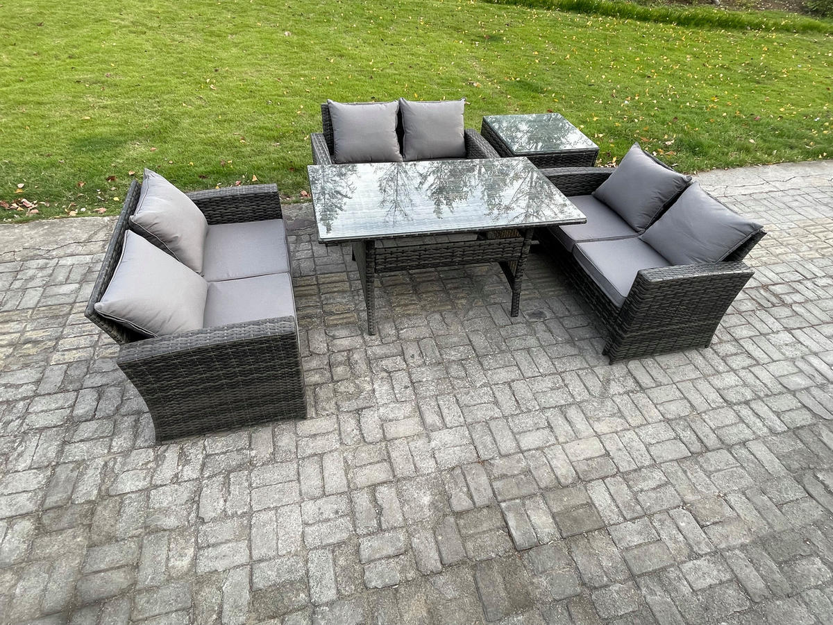 GARTENMÖBELSET mit Zweisitzer,Esstisch,Beistelltisch Polyrattan Dunkelgrau 6-Sitzer - Dunkelgrau/Grau, Glas/Kunststoff - Fimous