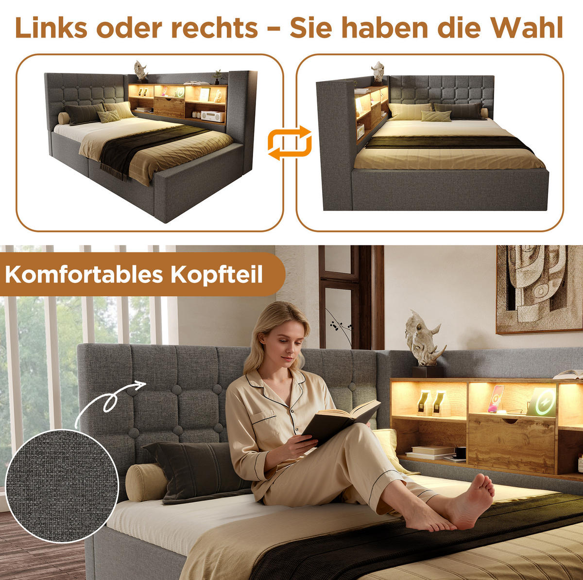 POLSTERBETT 140/200 cm Grau mit LED-Beleuchtung, Stauraum und USB-Anschlüssen - Grau, Textil (140/200cm) - Flora Grace
