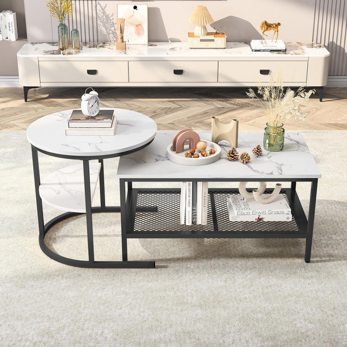 COUCHTISCH 2er Set rund schiebbar Beistelltisch Metall schwarz - Schwarz, Holz (46/80/41cm) - LEBENLANG
