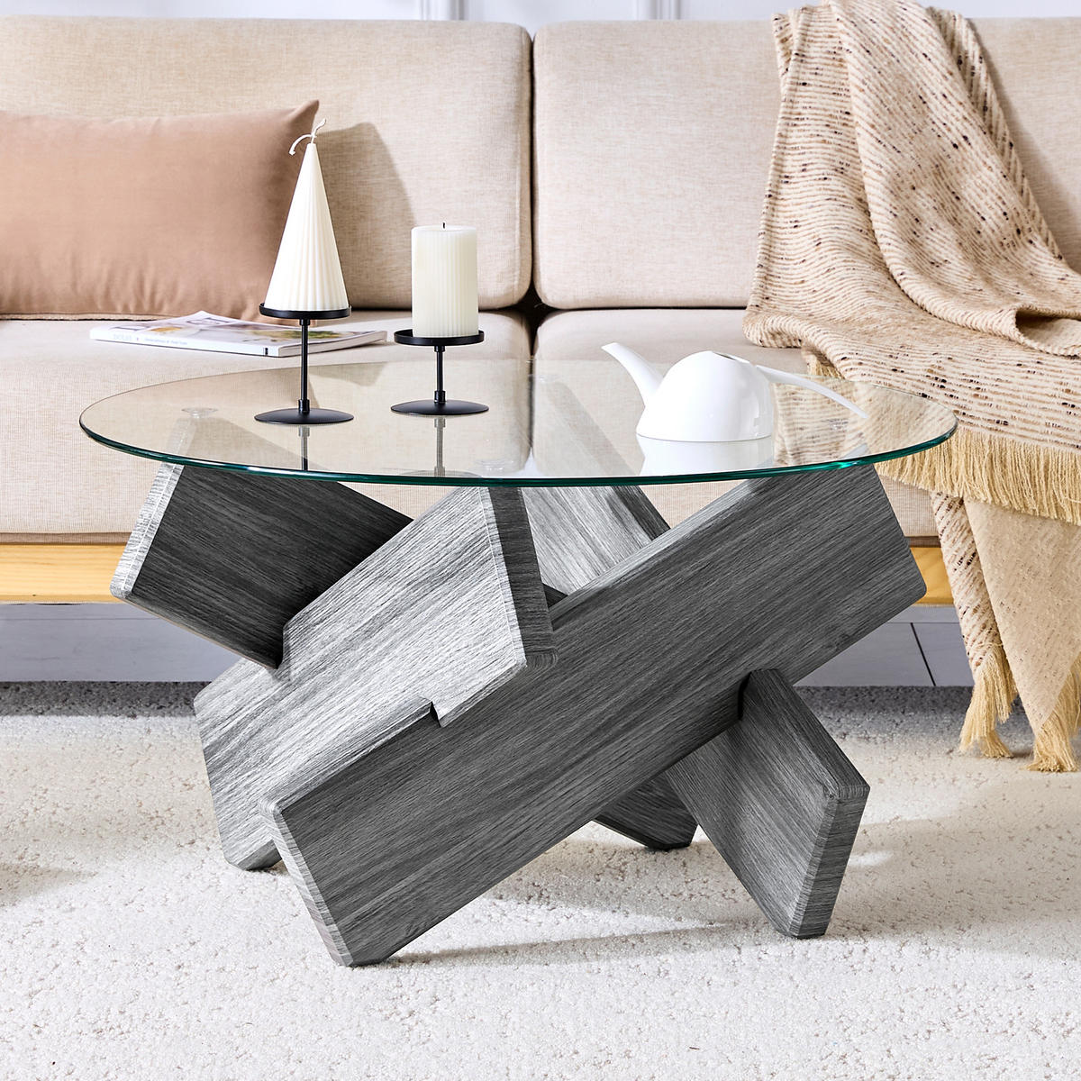 COUCHTISCH 79 cm Grau mit Glasoberfläche und kreativen Kreuz-Stützen - Grau, Holzwerkstoff (79/79/45cm) - OKWISH