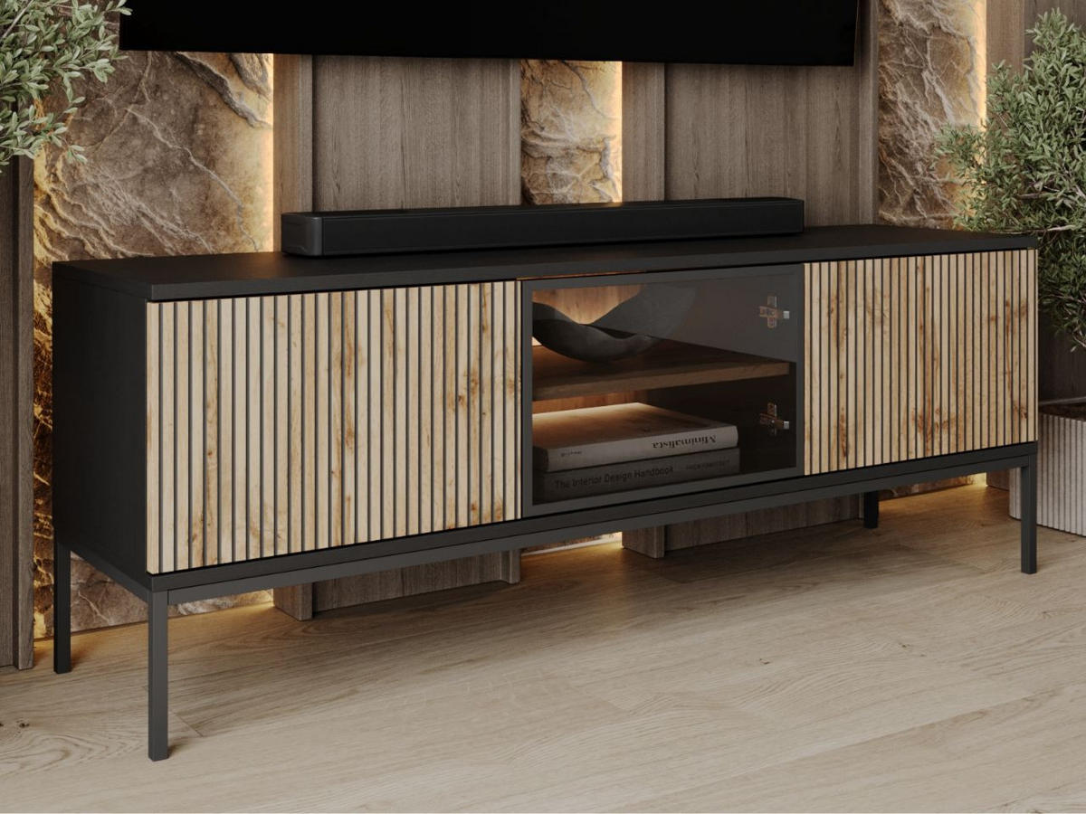 TV-SCHRANK Graphit, Wotan Eichefarben 154 cm Deo - Eiche Wotan/Schwarz, Glas/Holz (154/56/39cm) - Graingold