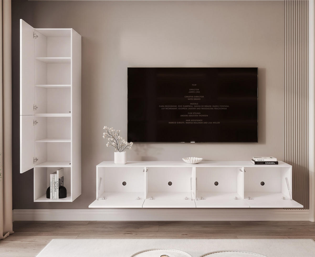 WOHNWAND ANGEL LINE I 2-teilig, mit LED-Beleuchtung, Weiß Hochglanz - Weiß Hochglanz, Holzwerkstoff (240/180/40cm) - Idohome