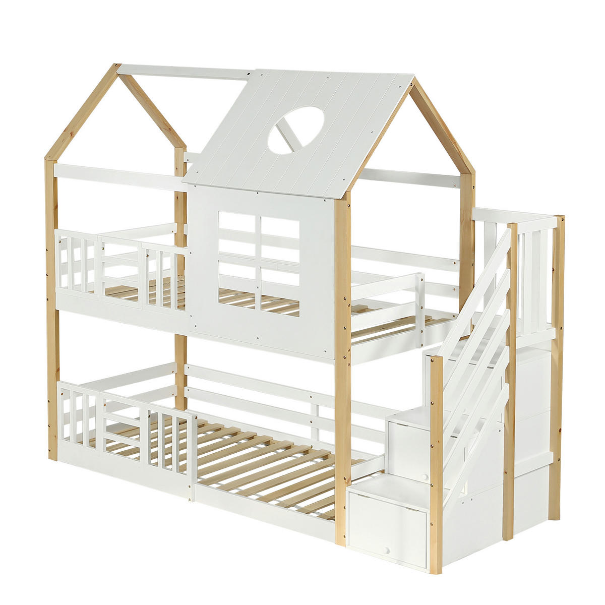 ETAGENBETT 90/200 cm & 90/200 cm in Weiß & Natur Kinderbett mit Aufbewahrungstreppe und Fallschutzgitter - Weiß/Naturfarben, Holzwerkstoff (90/200cm) - STILVORA