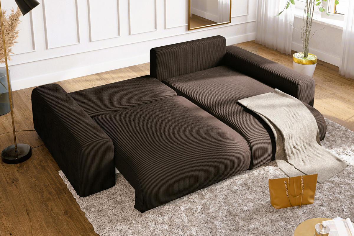 ECKSOFA mit Schlaffunktion und Bettkasten 255/165/84 cm, Wellenfedern, Ottomane beidseitig montierbar, Cord in Dunkel-Braun / 21003 - Dunkelbraun/Schwarz, Kunststoff/Textil (255/165cm) - luma-home