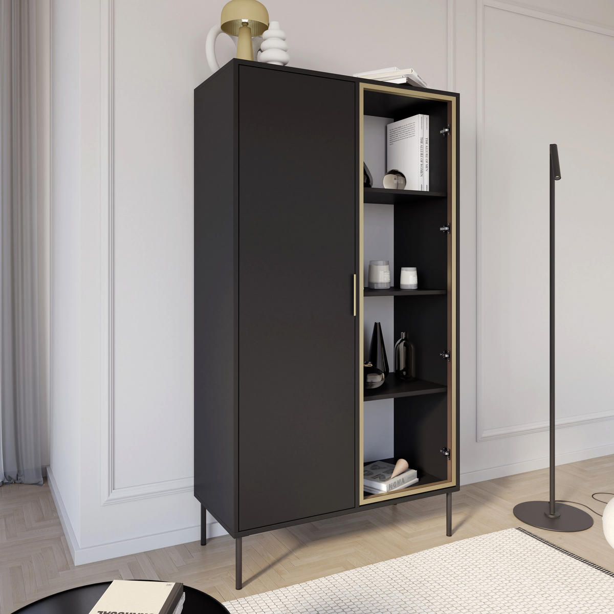 VITRINE Vena Schwarz 90 cm - Goldfarben/Schwarz, Holzwerkstoff/Kunststoff (90/160.2/40cm) - Selsey