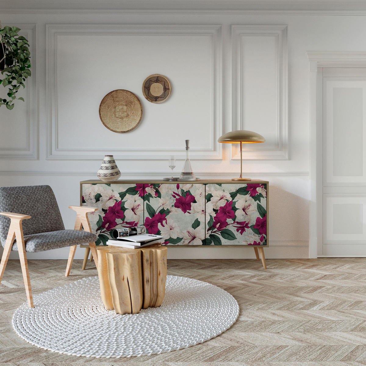 SIDEBOARD FLOWERET DREAM, Eicheneffekt, 164,5x42x77,5 cm, 3 Türen - Eichefarben/Buchefarben, Holzwerkstoff/Buchenholz (164.5/77.5/42cm) - SpaceRebels