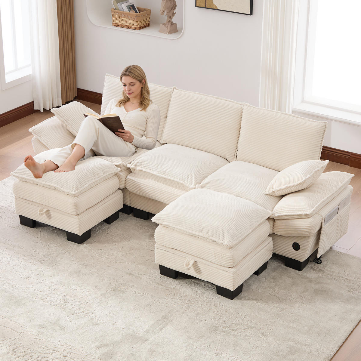 3-SITZER Sofa aus Corduroy 260x132x84 cm mit USB-C & Seitentaschen, beige - Beige, Textil (132/84/260cm)