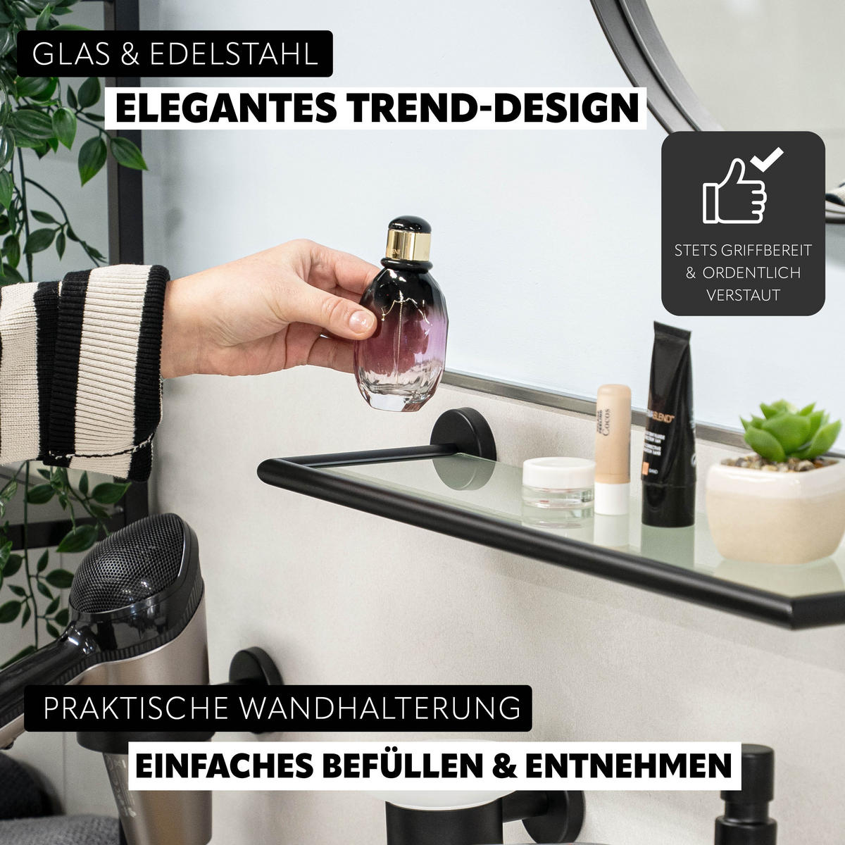 GLASABLAGE PIAZZA BLACK mit Kleber, Glas und Edelstahl, schwarz - Schwarz, Metall (54/6/14cm) - bremermann