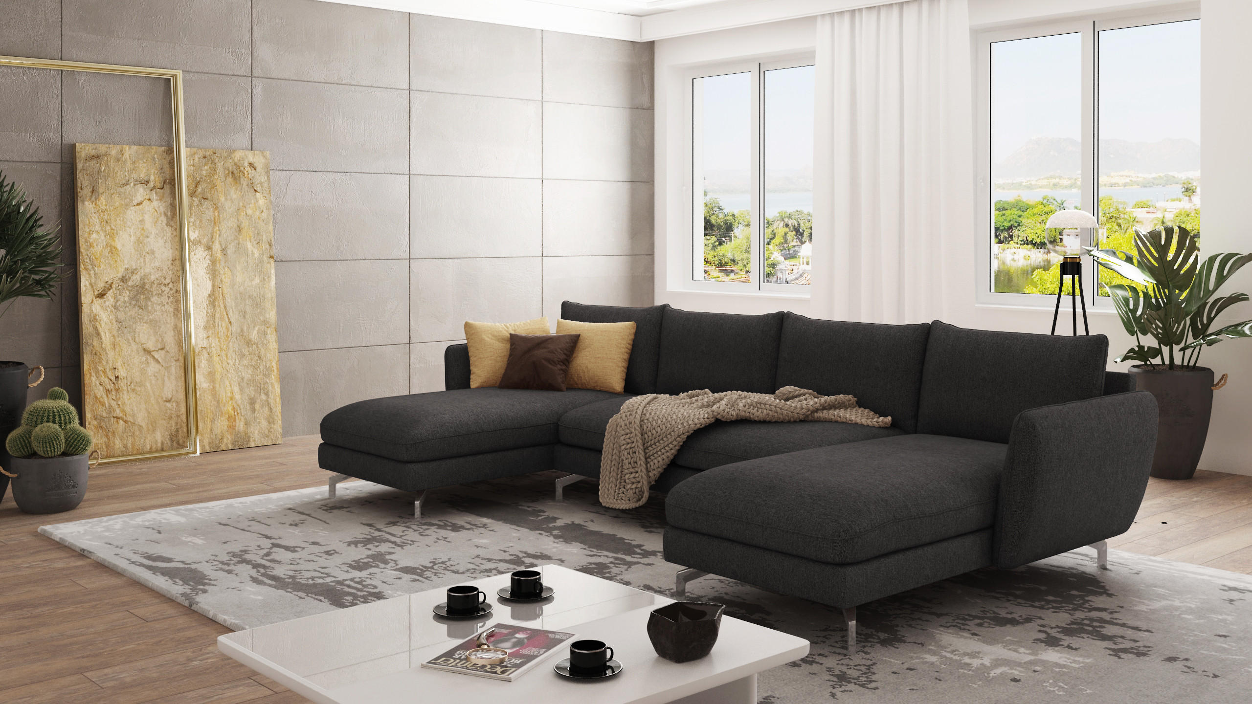 WOHNLANDSCHAFT Elou Graphit Luxusmicrofaser - Chromfarben/Graphitfarben, Textil/Metall (349/87/167cm) - S-Style Möbel