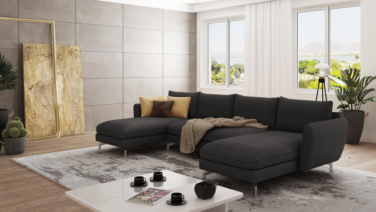 WOHNLANDSCHAFT Elou Graphit Luxusmicrofaser - Chromfarben/Graphitfarben, Textil/Metall (349/87/167cm) - S-Style Möbel
