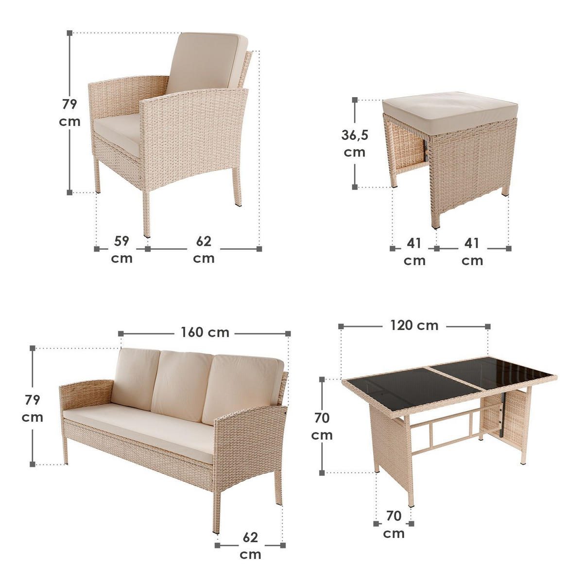 SITZGRUPPE Turin creme Polyrattan - Creme, Kunststoff/Metall - Juskys