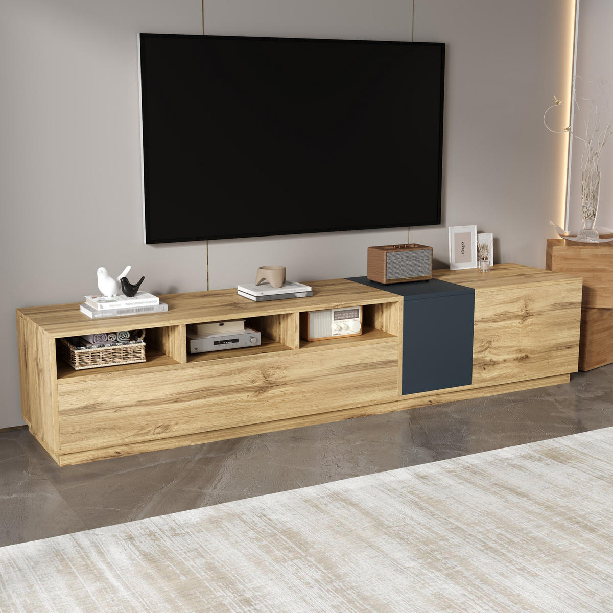 TV-LOWBOARD 200/45/45 cm mit Kabeldurchlass und 3 Türen - Schwarz, Holzwerkstoff (200/45/45cm) - BEAOK