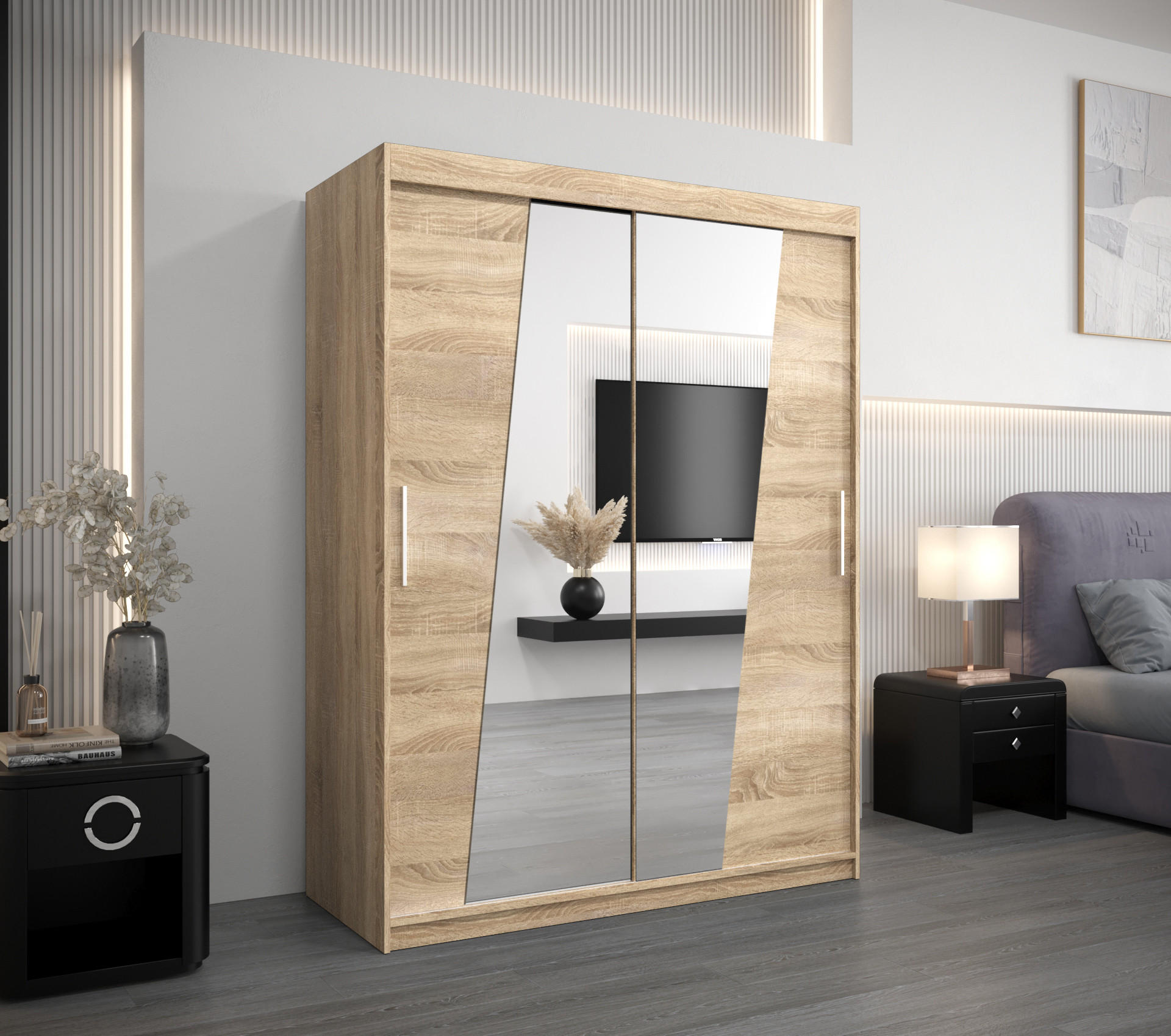 SCHWEBETÜRENSCHRANK 200/150/62 2-türig - Silberfarben/Sonoma Eiche, Holz/Kunststoff (150/200/62cm) - MÖBEL KRYSPOL