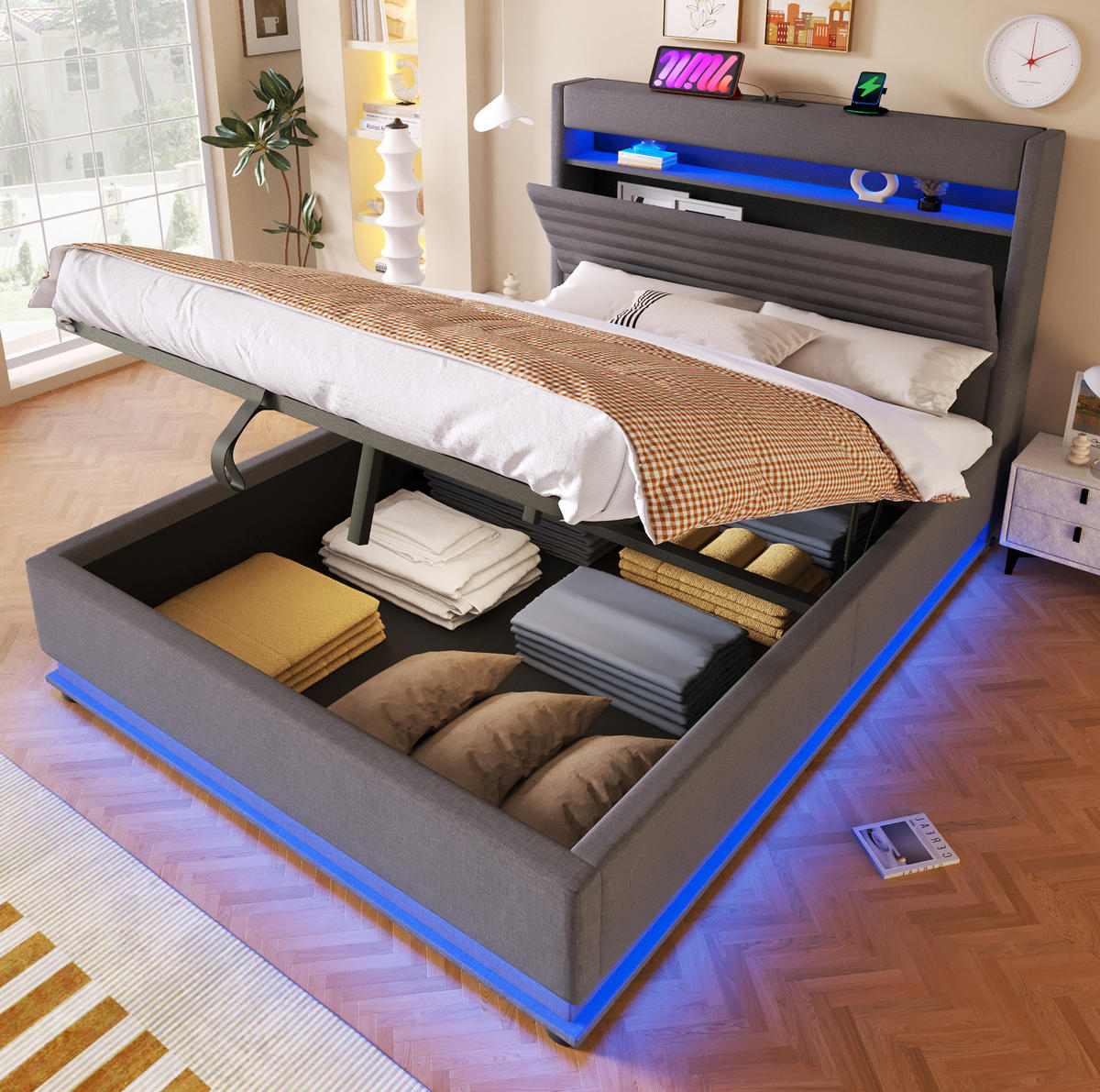 POLSTERBETT 140/200 cm Grau mit LED-Beleuchtung, USB- und Typ-C-Anschluss, hydraulischem Stauraum aus Leinen - Grau, Textil (140/200cm) - OKMYHOME